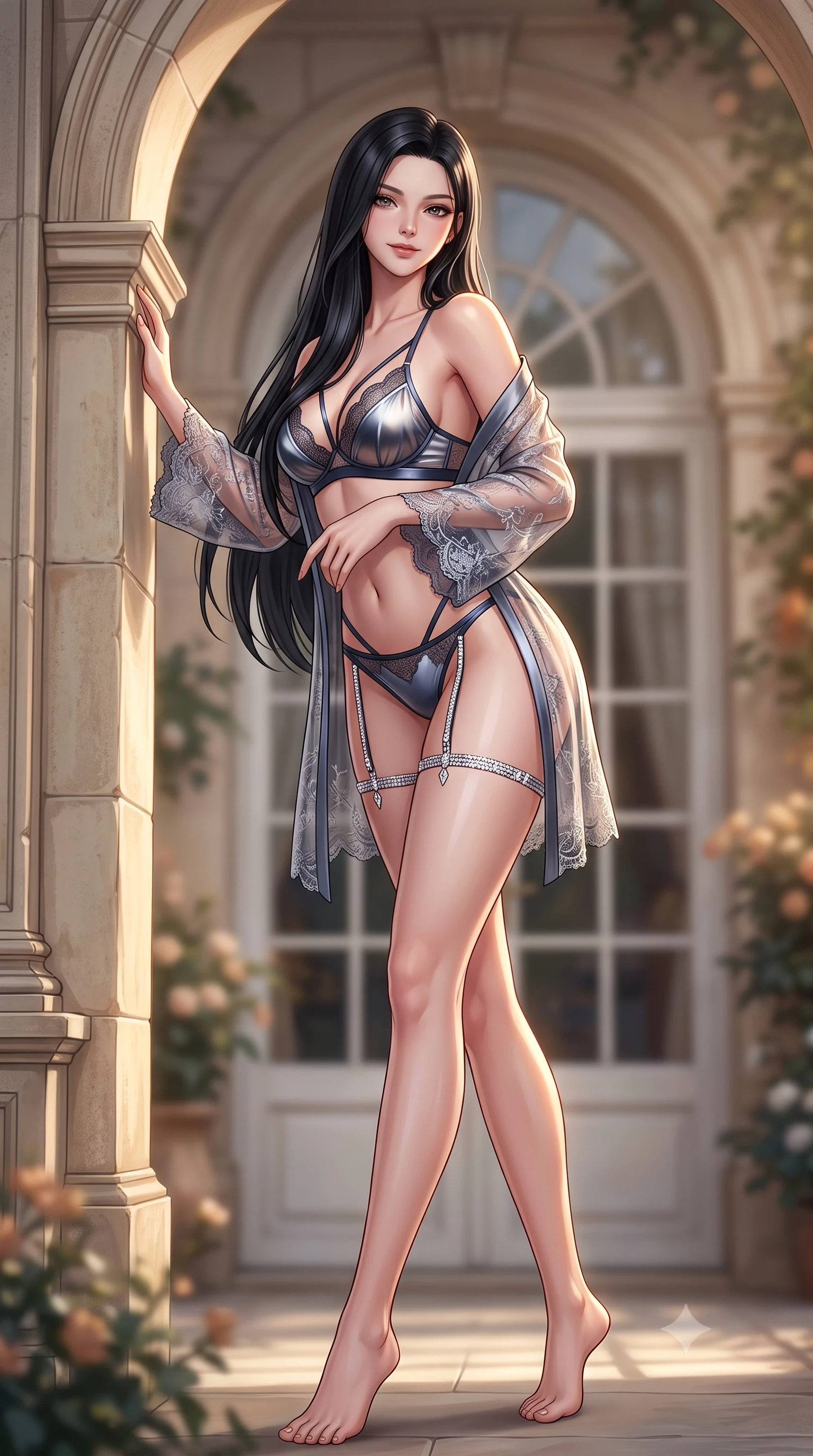 score_9, masterpiece, best quality, ultra-detailed, high-budget anime keyframe, semi-realistic 3D game render, editorial fashion photography, tasteful artistic composition, Korean woman. low angle full-body shot from head to toe showing her feet, filling the entire 9:16 vertical frame with her statuesque presence, stretching her vertical silhouette. stepping slowly toward the camera with hypnotic grace, hips swaying in an alluring sensual rhythm that accentuates her curvy hourglass silhouette and long slender legs while leaning against the classic limestone archway with hips cocked back, looking over a bare shoulder with an intoxicating bedroom-smile. The background shows a soft-focus arched glass french doors softened in idyllic historic garden shallow focus. She has an absolutely perfect, statuesque 8.5-heads proportion, an exceptionally tall and slender model-like female figure with impossibly long slender legs, an ultra-slim waist, a flat toned midriff, narrow delicate ribcage, and beautifully sculpted feminine hips creating a graceful, slim hourglass silhouette without any bulky heaviness. sharp v-shaped jawline, high-bridge nose, sparkling eyes with hypnotic seductive depth, thick curled eyelashes, glossy parted lips with a natural dewy peach sheen, alluring bedroom-eyes with an enchanting coquettish smile, exuding magnetic siren charisma and sophisticated glamour, flawlessly proportioned anatomical accuracy, strict slender model proportions, natural body alignment, perfectly sculpted long slender limbs, ultra-slim waistline, clean dynamic posture without body distortion. wearing a delicate sheer lace boudoir robe worn loose and slipping off bare shoulders over a matching strappy bralette and briefs in molten liquid platinum and midnight charcoal with sapphire reflections, tailored from fine breathable linen with soft natural texture and elegant drape, finished with delicate crystal-encrusted thigh garter straps glinting under the lights, the form-contouring silhouette accentuating her sculpted flat midriff, narrow delicate ribcage, and gracefully curvy hips with intoxicating allure. illuminated by stone floor bounce and sharp warm-gold rim lights sculpting her jawline, ultra-slim waist, and curvy hips. highly saturated vibrant anime colors, detailed shading with soft gradients, rich glossy textures, high-contrast stereoscopic depth, volumetric dynamic lighting, master piece, 9:16 ratio