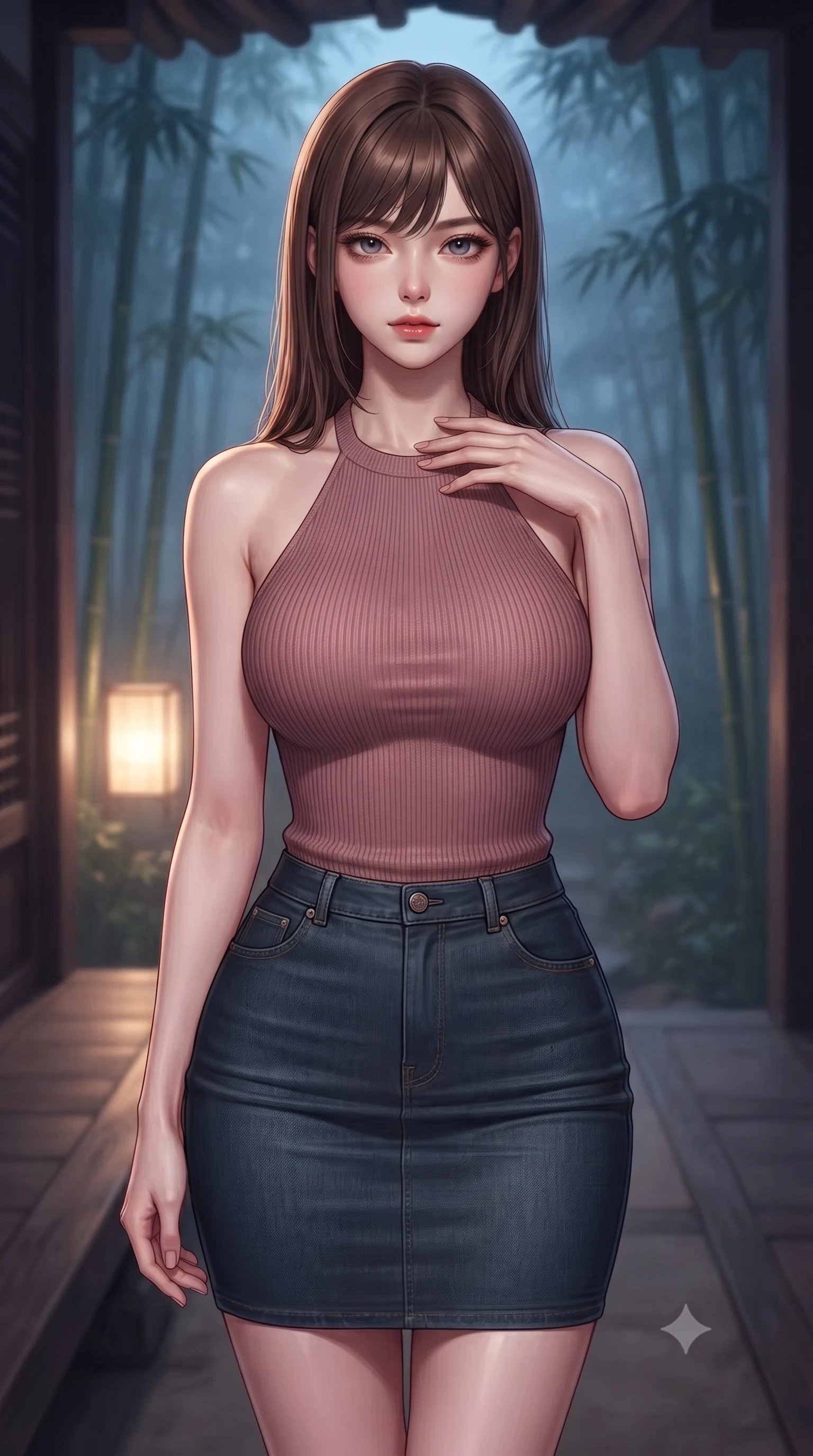 score_9, masterpiece, best quality, ultra-detailed, high-budget anime keyframe, editorial fashion photography, tasteful artistic composition, Korean woman. close-up cowboy shot from the waist and thighs up, the character dominates the composition, filling the frame with her large presence, background elements kept in soft focus. standing with one hand resting on her collarbone, looking at the viewer with bedroom-eyes the background shows a soft-focus the wooden veranda of a traditional estate facing a misty bamboo grove at midnight. She has an exceptionally elegant, slender, and willowy female figure with an ultra-slim waist, a gracefully sculpted slender torso, and a refined silhouette. sharp v-shaped jawline, high-bridge nose, intricate jewel-like eyes with depth, thick eyelashes, glossy lips with a natural sheen. wearing a body-hugging form-fitting ribbed knit halter top in dusty rose, paired with a tight-fitting denim skirt. soft midnight fog diffusing the warm light of a paper lantern. highly saturated vibrant anime colors, detailed shading with soft gradients, rich glossy textures, high-contrast stereoscopic depth, volumetric dynamic lighting, master piece, 9:16 ratio