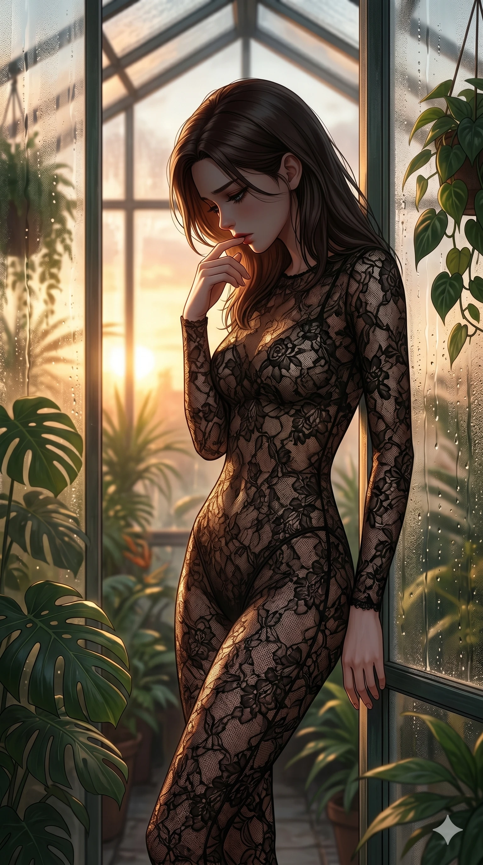 score_9, masterpiece, best quality, ultra-detailed, high-budget anime keyframe, editorial fashion photography, tasteful artistic composition, Korean woman. cowboy shot from the thighs up, character and outfit filling the frame for maximum editorial presence. lowering her head with heavy lashes, her face shadowed in grief as she gently touches her lip inside a glass-walled greenhouse with condensation trickling down the panes (Scenario Code S-22). She has an absolutely perfect 8-heads proportion, an exceptionally tall and slender female figure with impossibly long slender legs and an ultra-slim waist. V-shaped jawline, high-bridge nose, intricate jewel-like eyes with depth, thick eyelashes, glossy lips with a natural sheen. wearing a semi-opaque dark lace unitard that tightly contours her athletic build and slender waist. drenched in a soft golden hour light that contrast with her mournful, sad expression. 2k, ultra detail, master piece, 9:16 ratio