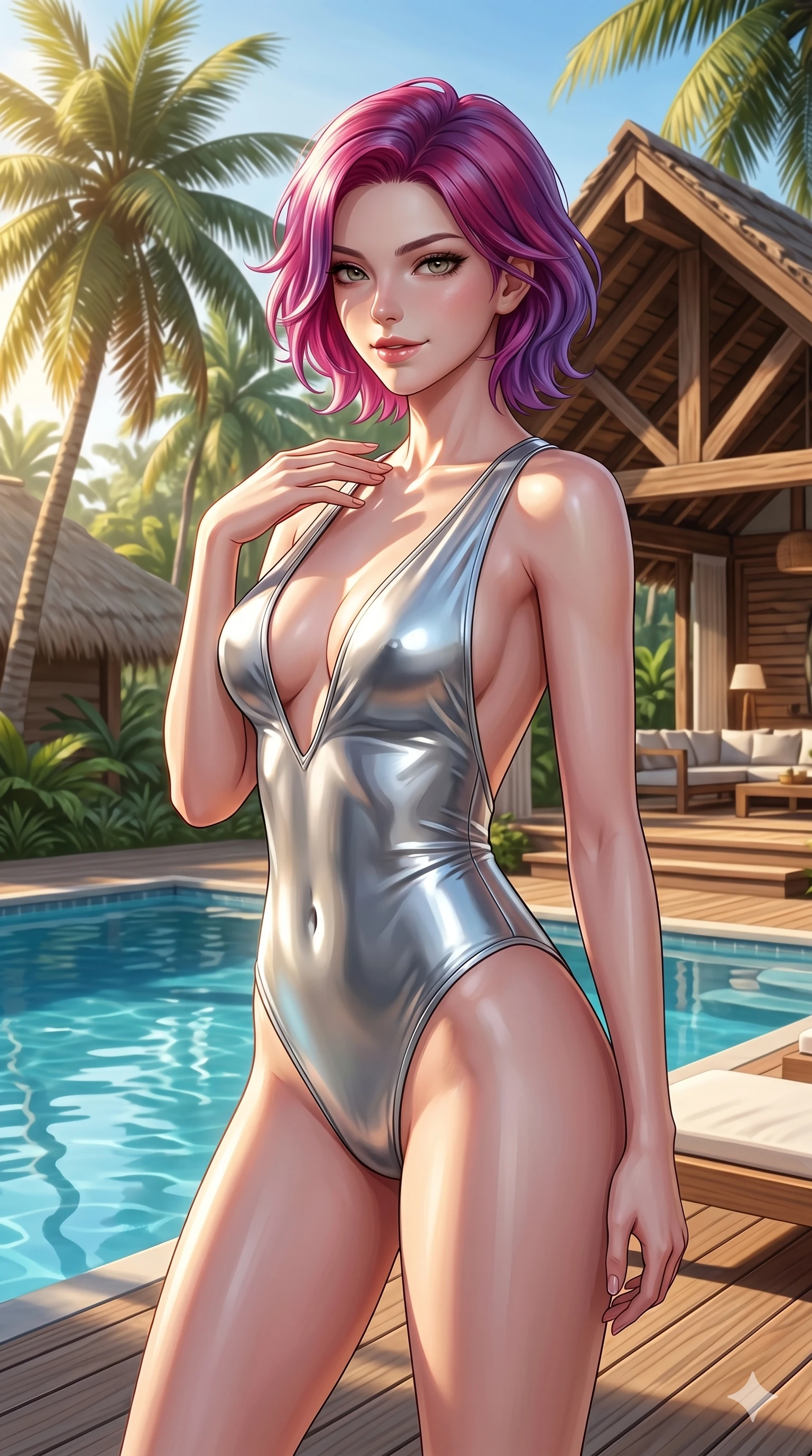 score_9, masterpiece, best quality, ultra-detailed, high-budget anime keyframe, editorial fashion photography, tasteful artistic composition, Caucasian woman, strictly human ears. cowboy shot from the thighs up, character and outfit filling the frame for maximum editorial presence. looking over her shoulder with a magnetic, teasing half-smile, one hand gently tracing her collarbone by a secluded sun-drenched pool cabin in a tropical luxury resort surrounded by palms (Code-P002). She has an absolutely perfect 8-heads proportion, an exceptionally tall and slender female figure with impossibly long slender legs and an ultra-slim waist. V-shaped jawline, high-bridge nose, intricate jewel-like eyes with depth, thick eyelashes, glossy lips with a natural sheen. wearing a sleek liquid-mercury silver bodysuit with a bold plunging neckline and an open-back design. drenched in brilliant morning sunshine that traces her elegant clavicle lines and athletic build contours. 2k, ultra detail, master piece, 9:16 ratio