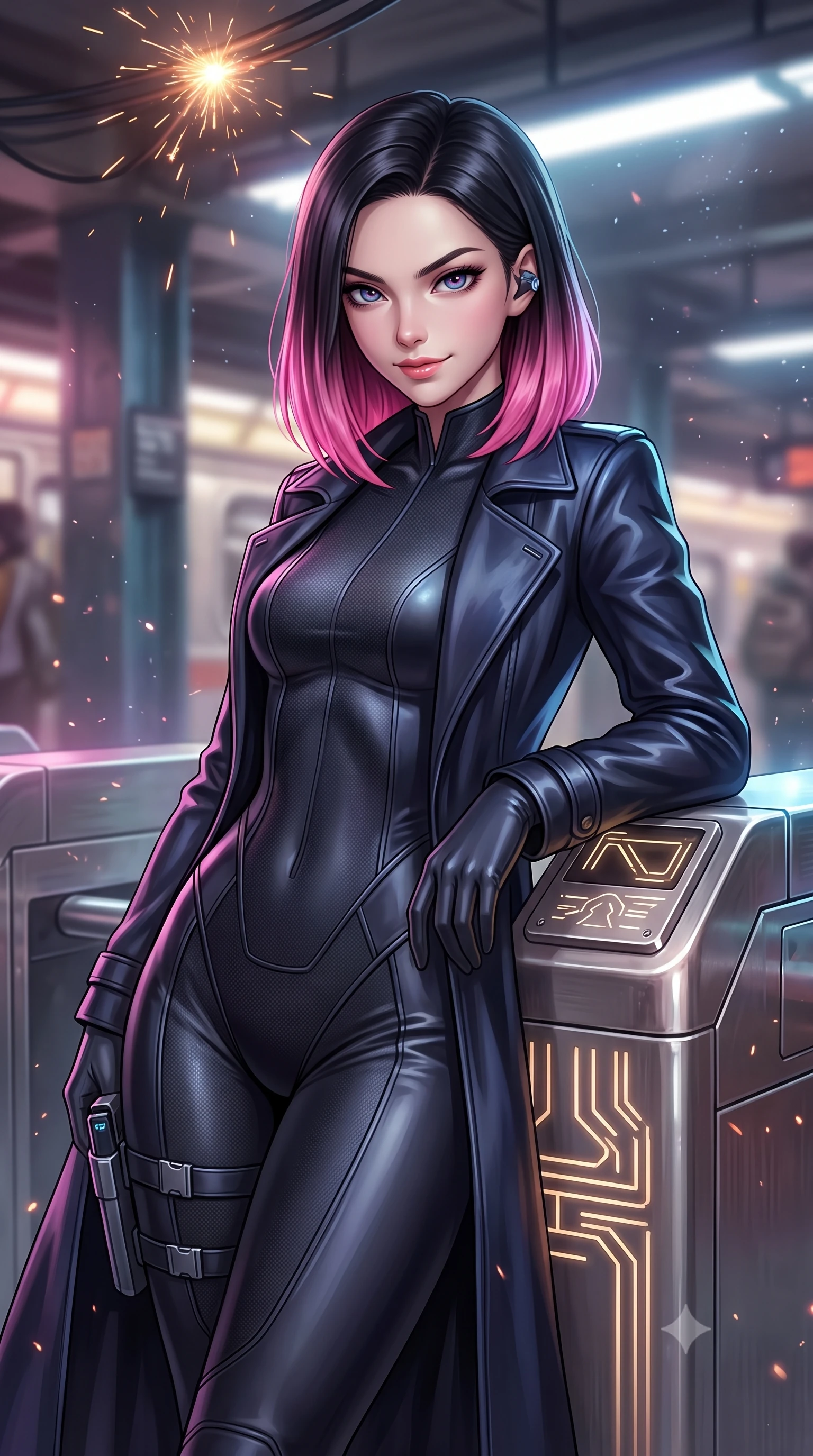 score_9, masterpiece, best quality, ultra-detailed, high-budget anime keyframe, semi-realistic 3D game render, editorial fashion photography, tasteful artistic composition, Korean woman. close-up cowboy shot from the waist and thighs up, the character dominates the composition, filling the frame with her large presence. radiating intense magnetic charisma with jewel-like eyes locked onto the viewer, her upper body turning in a dynamic, fluid S-curve while leaning against a retro-futuristic metallic subway turnstile with a fierce, rebellious streetwear smirk. The composition keeps background elements in soft focus with creamy bokeh. sparks from overhead power rails and floating dust particles catching neon light motes. She has an exceptionally elegant, slender, and willowy female figure with an ultra-slim waist, a gracefully sculpted slender torso, toned flat midriff, and a refined slim silhouette. sharp v-shaped jawline, high-bridge nose, intricate jewel-like eyes with depth, thick eyelashes, glossy lips with a natural sheen, captivating and magnetic expression, flawlessly proportioned anatomical accuracy, strict slender model proportions, natural body alignment, perfectly sculpted long slender limbs, ultra-slim waistline, clean dynamic posture without body distortion. wearing a sleek second-skin dark carbon-weave infiltration catsuit paired with a tailored long leather trench coat in stealth obsidian black and midnight navy, crafted from flexible ballistic matte leather and ultra-sleek stretch neoprene, equipped with a minimalist titanium leg holster and smart holographic earpiece edition #22, the glove-like aerodynamic second-skin fit tightly clinging to her ultra-slender waist and athletic curves without adding bulk, accentuating her razor-sharp statuesque lines and slim hourglass silhouette. surrounded by an edgy, electrifying, and irresistibly cool cyber-street idol aura. highly saturated vibrant anime colors, detailed shading with soft gradients, rich glossy textures, high-contrast stereoscopic depth, volumetric dynamic lighting, master piece, 9:16 ratio