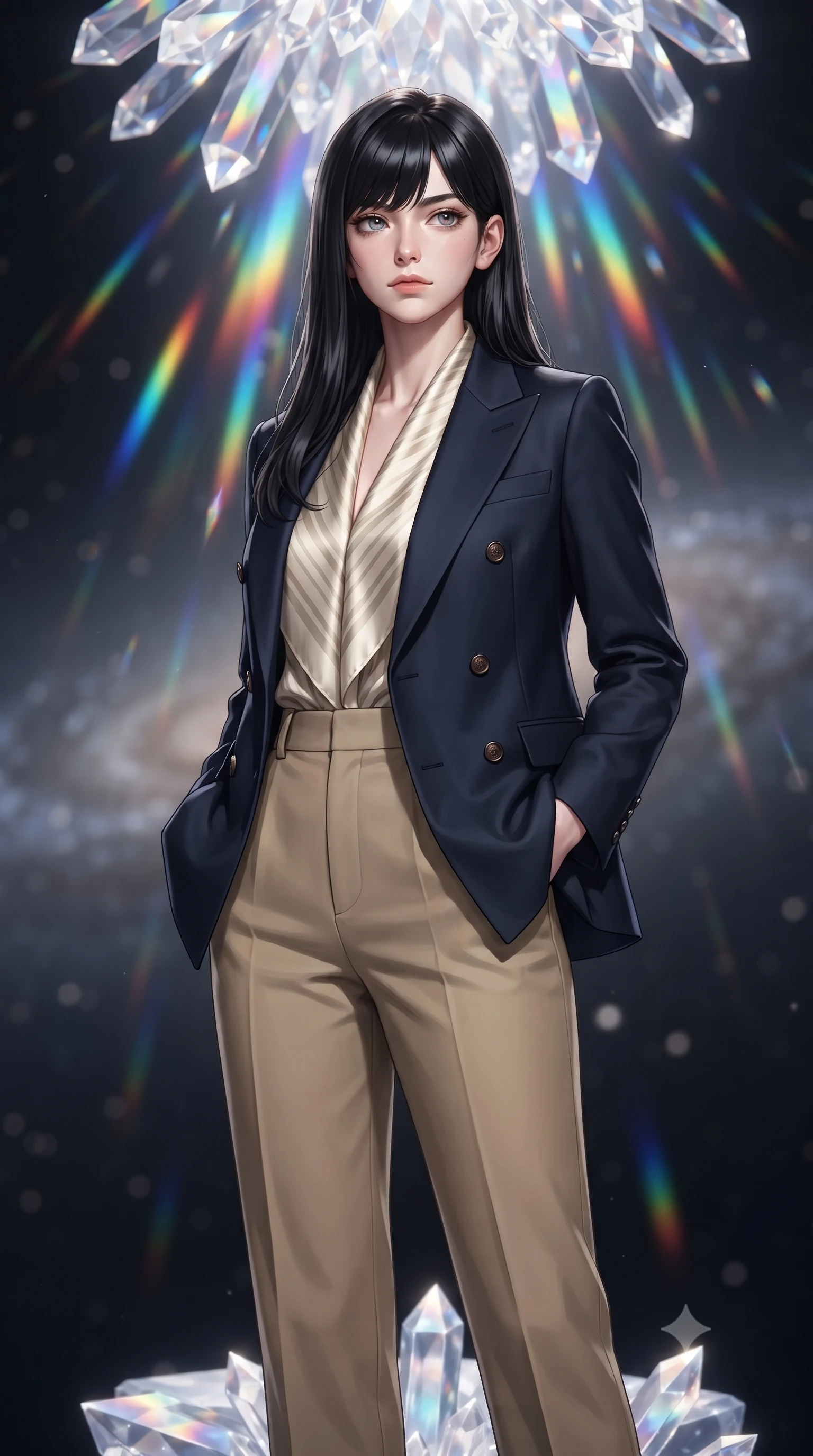 score_9, masterpiece, best quality, ultra-detailed, high-budget anime keyframe, editorial fashion photography, tasteful artistic composition, Caucasian woman, strictly human ears. close-up cowboy shot from the waist and thighs up, the character dominates the composition, filling the frame with her large presence, background elements kept in soft focus. Gazing past the camera with an air of effortless superiority. set against a soft-focus background of the absolute emptiness of intergalactic space between galaxy clusters a single small platform of crystallized light floating in infinite darkness with the nearest galaxy a faint smudge billions of light-years away. She has an exceptionally elegant and slender, willowy female figure with an ultra-slim waist, a gracefully sculpted slender torso, and a refined slim physique. sharp v-shaped jawline, high-bridge nose, intricate jewel-like eyes with depth, thick eyelashes, glossy lips with a natural sheen. wearing a tailored navy double-breasted blazer over a cream striped silk scarf top and high-waisted khaki slacks. cascading rainbow prismatic light refracting through crystal formations overhead. 2k, ultra detail, master piece, 9:16 ratio