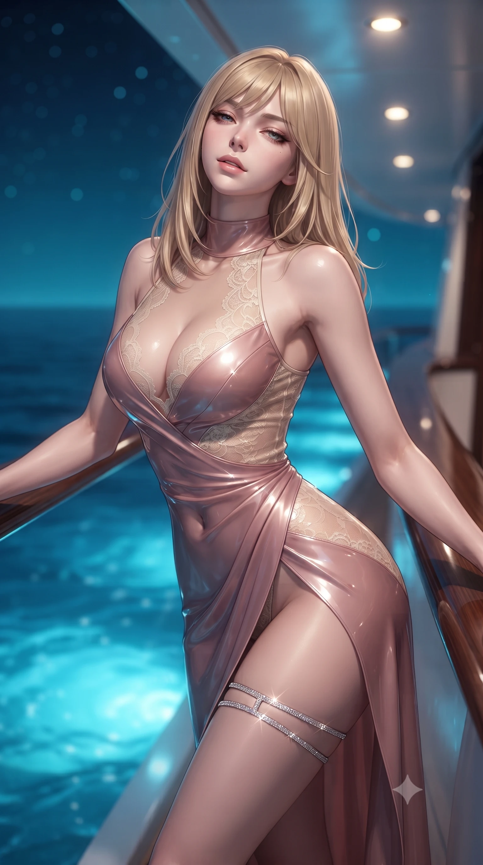 score_9, masterpiece, best quality, ultra-detailed, high-budget anime keyframe, editorial fashion photography, tasteful artistic composition, Japanese woman. close-up cowboy shot from the waist and thighs up, the character dominates the composition, filling the frame with her large presence. leaning back against the balustrade with relaxed seductive grace, head tilted back slightly while casting a hypnotic, heavy-lidded gaze while leaning against the yacht hull opening frame with hips cocked back, looking into the camera with an irresistible bedroom-gaze. The background shows a soft-focus glowing azure underwater LED beams, calm Caribbean water ripples, and dark open ocean horizon blurred into cyan, cobalt, and starlight bokeh. She has an exceptionally elegant, slender, and willowy female figure with an ultra-slim waist, flat toned midriff, narrow ribcage, and sculpted feminine hips creating an alluring, slim hourglass silhouette without bulk. sharp v-shaped jawline, high-bridge nose, sparkling eyes with hypnotic seductive depth, thick curled eyelashes, glossy parted lips with a natural dewy peach sheen, alluring bedroom-eyes with an enchanting coquettish smile, exuding magnetic siren charisma and sophisticated glamour, flawlessly proportioned anatomical accuracy, strict slender model proportions, natural body alignment, perfectly sculpted long slender limbs, ultra-slim waistline, clean dynamic posture without body distortion. wearing a provocative high-neck sheer illusion cocktail dress with liquid satin ribbons contouring her curves in dusky blush pink and warm ivory lace, crafted from wet-look high-gloss vinyl fabric with dazzling specular surface reflections, finished with delicate crystal-encrusted thigh garter straps glinting in the dim light, the high-slit wrap tailoring accentuating her ultra-slim waistline and the enchanting curve of her feminine hips with alluring seductive charm. bathed in brilliant underwater sapphire LED hull lighting paired with warm recessed ceiling spotlights from the beach club salon. ultra-reflective glossy finish, specular highlights, rich textural contrasts, high-contrast stereoscopic depth, volumetric dynamic lighting, 2k, ultra detail, master piece, 9:16 ratio