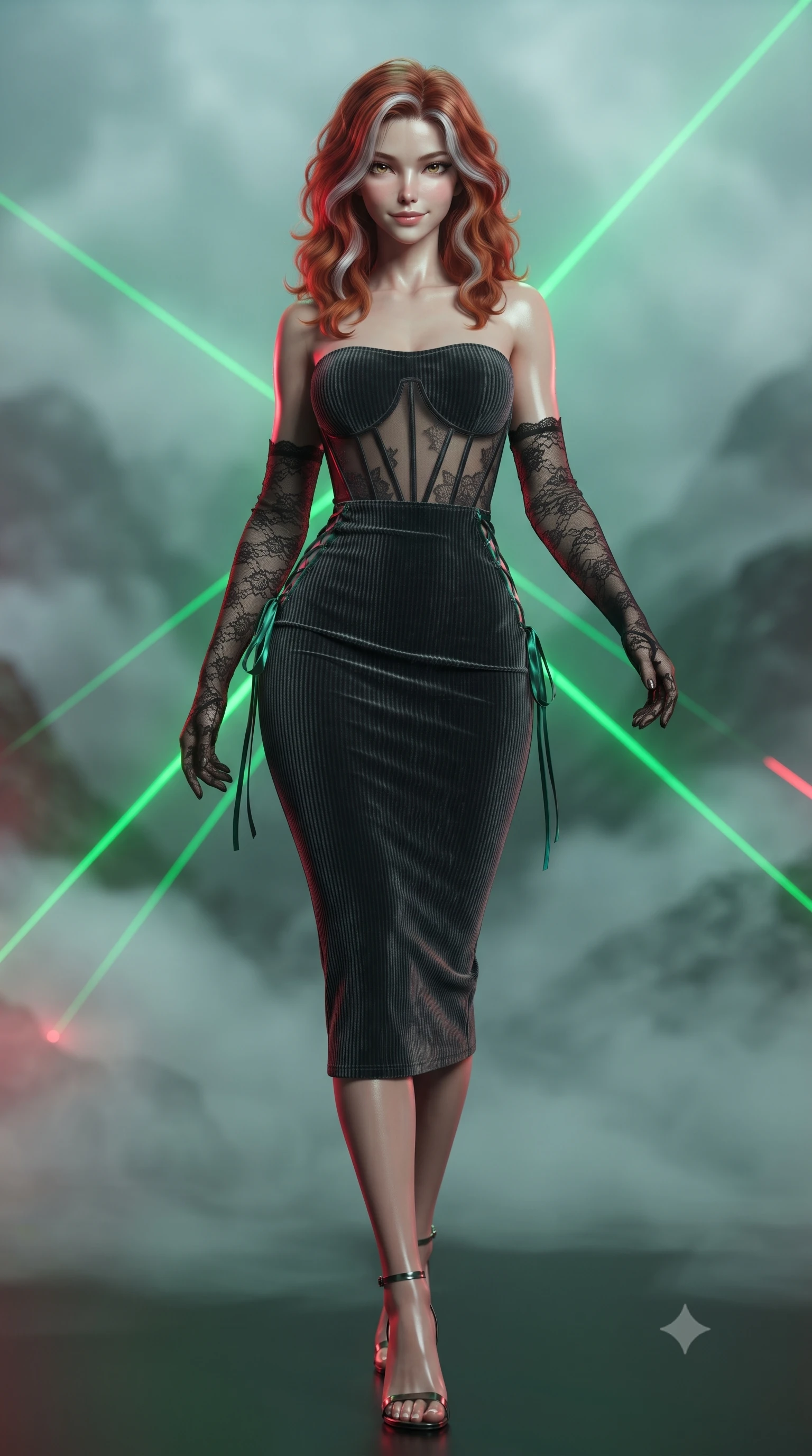 score_9, masterpiece, best quality, ultra-detailed, high-budget anime keyframe, editorial fashion photography, tasteful artistic composition, Caucasian woman. low angle full-body shot from head to toe showing her feet, filling the entire 9:16 vertical frame with her statuesque presence, stretching her vertical silhouette. stepping slowly toward the camera with hypnotic grace, hips swaying in an alluring sensual rhythm that accentuates her curvy hourglass silhouette and long slender legs while twisting her slender torso in an alluring contrapposto stance, sweeping green laser beams and red neon reflections tracing her curves. The background shows a soft-focus swirling high-altitude mountain fog softened in cinematic blade-runner shallow focus. She has an absolutely perfect, statuesque 8.5-heads proportion, an exceptionally tall and slender model-like female figure with impossibly long slender legs, an ultra-slim waist, a flat toned midriff, narrow delicate ribcage, and beautifully sculpted feminine hips creating a graceful, slim hourglass silhouette without any bulky heaviness. sharp v-shaped jawline, high-bridge nose, sparkling eyes with hypnotic seductive depth, thick curled eyelashes, glossy parted lips with a natural dewy peach sheen, alluring bedroom-eyes with an enchanting coquettish smile, exuding magnetic siren charisma and sophisticated glamour, flawlessly proportioned anatomical accuracy, strict slender model proportions, natural body alignment, perfectly sculpted long slender limbs, ultra-slim waistline, clean dynamic posture without body distortion. wearing a form-contouring ribbed knit tube dress with subtle side-lace ties tracing the curve of her hips in iridescent emerald satin and dark charcoal velvet, made of semi-opaque stretch illusion mesh with soft shadowy contours, complemented by sheer opera-length lace evening gloves tracing her slender arms, the liquid-tight tailored fabric clinging flawlessly to her narrow waist and rounded feminine hips, emphasizing every millimeter of her sculpted slim hourglass curves without any bulky heaviness. bathed in intense saturated green and crimson neon light spilling from harbor-wide laser displays. ultra-reflective glossy finish, specular highlights, rich textural contrasts, high-contrast stereoscopic depth, volumetric dynamic lighting, 2k, ultra detail, master piece, 9:16 ratio