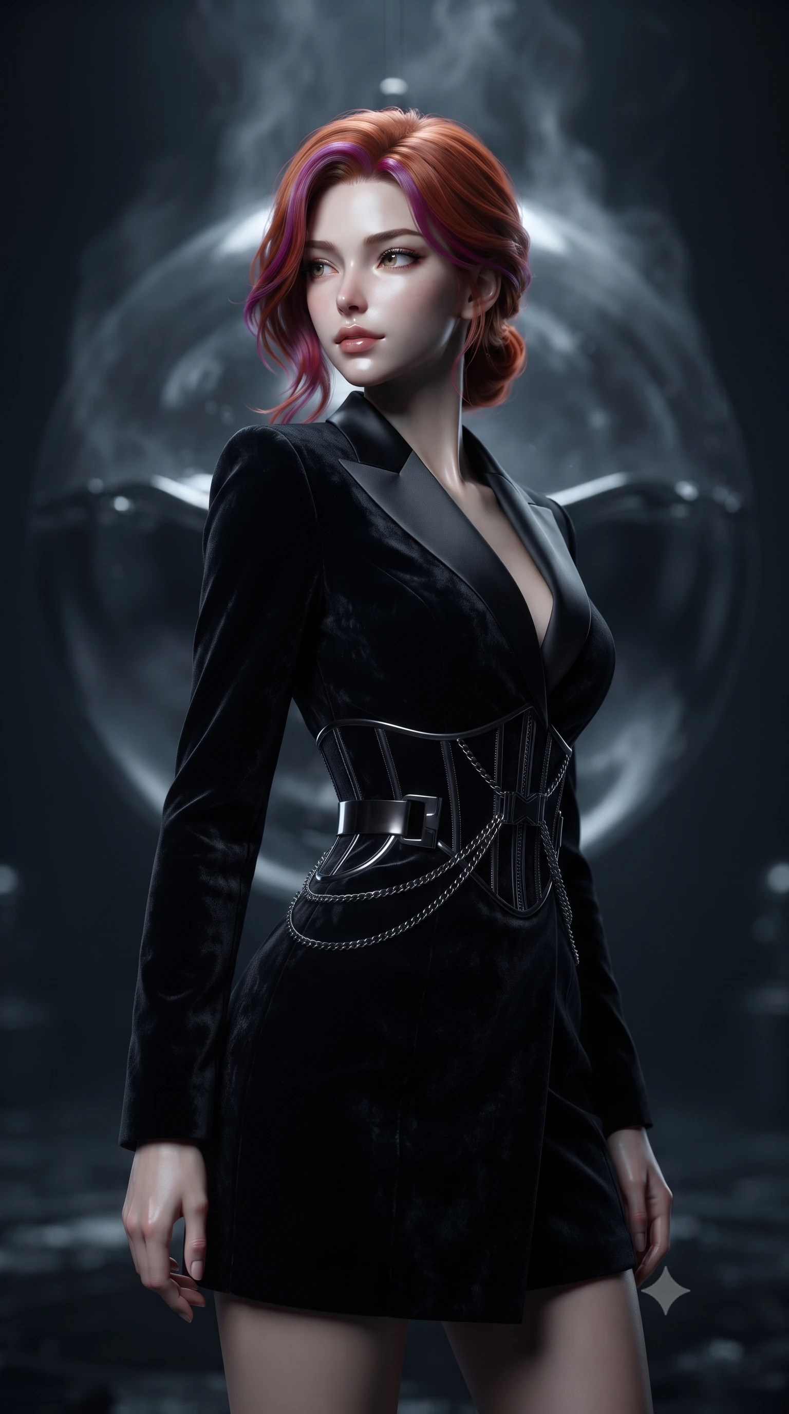 score_9, masterpiece, best quality, ultra-detailed, high-budget anime keyframe, editorial fashion photography, tasteful artistic composition, Caucasian woman. close-up cowboy shot from the waist and thighs up, the character dominates the composition, filling the frame with her large presence, background elements kept in soft focus. Glancing sidelong over her shoulder with a smoldering, enigmatic half-smile, poised before a colossal suspended sphere of liquid dark mercury, silvery mercury mist rising silently in the dark atmosphere. She has an exceptionally elegant, slender, and willowy female figure with an ultra-slim waist, a gracefully sculpted slender torso, and a refined silhouette. sharp v-shaped jawline, high-bridge nose, intricate jewel-like eyes with depth, thick eyelashes, glossy lips with a natural sheen. wearing tailored onyx black tux dress with silk lapels and fitted waist in metallic dark silver, made of crushed dark silk velvet, framed by dark titanium buckles and silver chain details, accentuating her gracefully sculpted slender torso. lit by sharp silvery key light casting dramatic dark reflections. ultra-reflective glossy finish, specular highlights, metallic sheen, high-contrast stereoscopic depth, volumetric dynamic lighting, 2k, ultra detail, master piece, 9:16 ratio