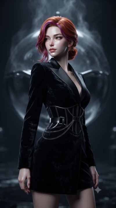 score_9, masterpiece, best quality, ultra-detailed, high-budget anime keyframe, editorial fashion photography, tasteful artistic composition, Caucasian woman. close-up cowboy shot from the waist and thighs up, the character dominates the composition,