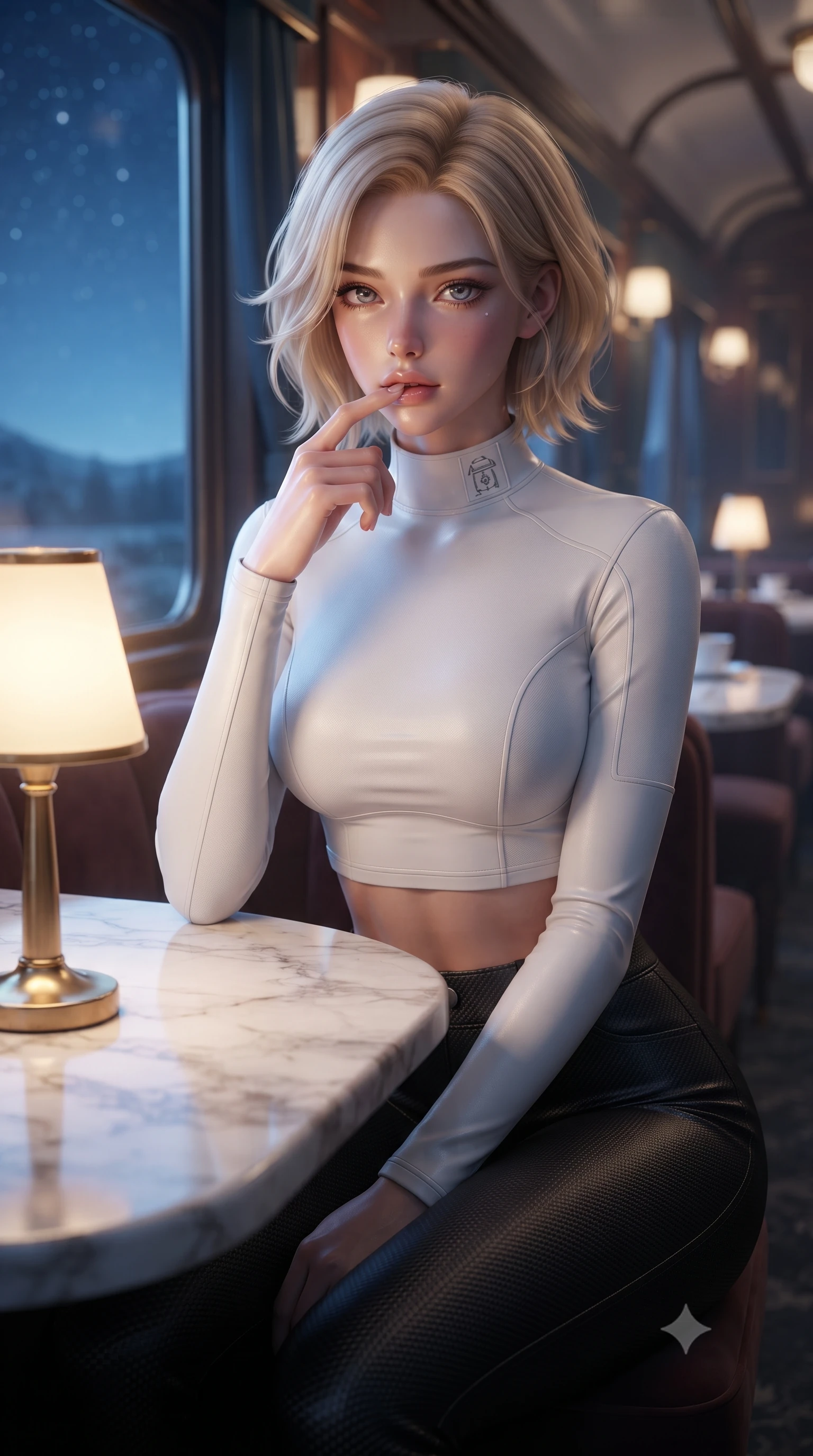 score_9, masterpiece, best quality, ultra-detailed, high-budget anime keyframe, editorial fashion photography, tasteful artistic composition, Caucasian woman. close-up cowboy shot from the waist and thighs up, the character dominates the composition, filling the frame with her large presence, background elements kept in soft focus. pressing one finger to her bottom lip in a thoughtful, composed gesture, locking eyes with the viewer, the background shows a soft-focus a train dining car with marble tables, brass lamps, and large windows. She has an exceptionally elegant, slender, and willowy female figure with an ultra-slim waist, a gracefully sculpted slender torso, and a refined silhouette. sharp v-shaped jawline, high-bridge nose, intricate jewel-like eyes with depth, thick eyelashes, glossy lips with a natural sheen. wearing a tailored body-hugging long-sleeve tactical crop top in pure white, paired with high-waisted black carbon-weave skinny pants. warm glowing table lamps contrasting with cool blue starlight outside. ultra-reflective glossy finish, specular highlights, metallic sheen, high-contrast stereoscopic depth, volumetric dynamic lighting, 2k, ultra detail, master piece, 9:16 ratio