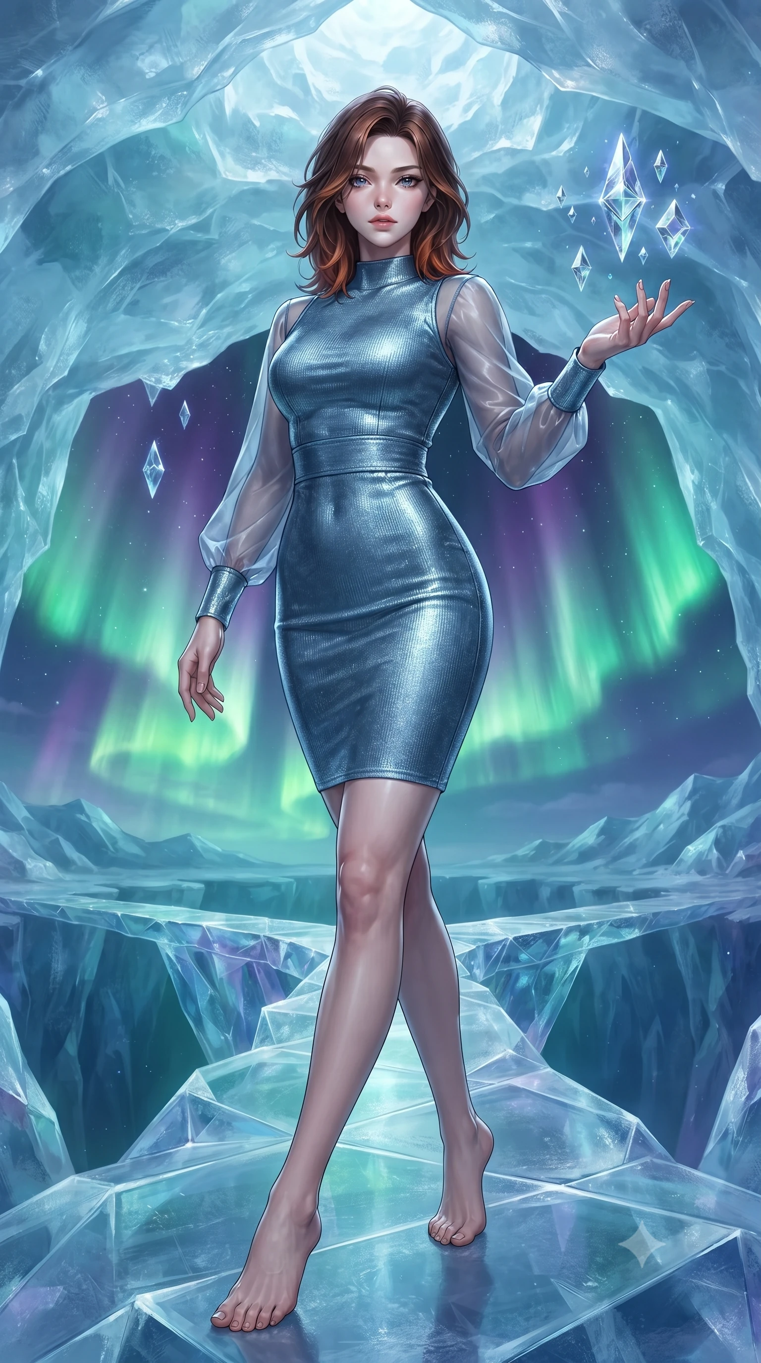 score_9, masterpiece, best quality, ultra-detailed, high-budget anime keyframe, editorial fashion photography, tasteful artistic composition, Korean woman. low angle full-body shot from head to toe showing her feet, filling the entire 9:16 vertical frame with her statuesque presence, stretching her vertical silhouette. interacting gracefully with the magical floating elements while maintaining a confident posture stepping along a frozen crystalline bridge over an aurora-lit chasm, sharp crystalline specular highlights emphasizing her statuesque poise. She has an absolutely perfect, statuesque 8.5-heads proportion, an exceptionally tall and slender model-like female figure with impossibly long slender legs and an ultra-slim waist. sharp v-shaped jawline, high-bridge nose, intricate jewel-like eyes with depth, thick eyelashes, glossy lips with a natural sheen. wearing a sleek bodycon knit dress with strategic sheer organza sleeve panels and a tight waist, the tailored fabric tightly following every curve of her athletic build. bathed in cold silver moonlight filtered through translucent glacial ice. ultra-reflective glossy finish, specular highlights, metallic sheen, high-contrast stereoscopic depth, volumetric dynamic lighting, 2k, ultra detail, master piece, 9:16 ratio