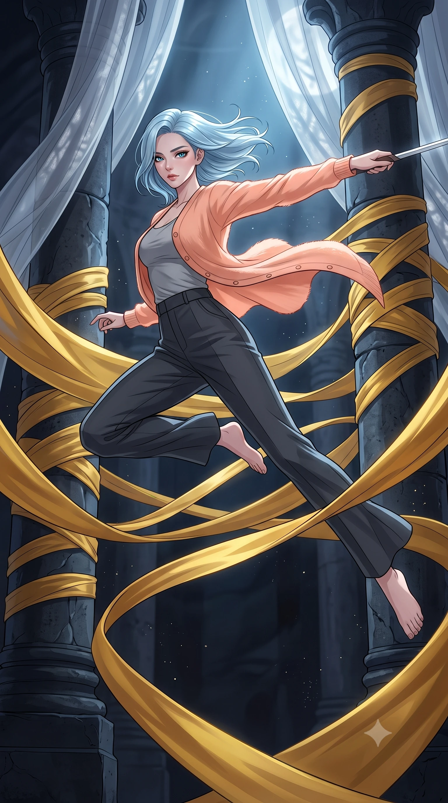 score_9, masterpiece, best quality, ultra-detailed, high-budget anime keyframe, clean line-art, cel-shading, Korean woman. low angle full-body shot from head to toe showing her feet, filling the entire 9:16 vertical frame with her statuesque presence, stretching her vertical silhouette. leaping dynamically high in the air while slicing forward with wind-whipped hair through a dark space where wide golden silk ribbons are swirling in a giant vortex, wrapping around stone pillars. She has a statuesque 8.5-heads proportion, an exceptionally tall, slender and willowy model-like build with impossibly long legs and a highly sculpted ultra-slim waist. sharp v-shaped jawline, high-bridge nose, intricate jewel-like eyes with depth, thick eyelashes, glossy lips with a natural sheen. wearing the lightweight fabric rippling and billowing dramatically with her movement, a slim-fit mohair cardigan in a soft peach hue over a grey tank top and high-waisted charcoal trousers. cold silver moonlight filtered through translucent gossamer curtains casting delicate shadows. highly saturated vibrant anime colors, intense vivid color palette, volumetric dynamic lighting, 2k, ultra detail, master piece, 9:16 ratio