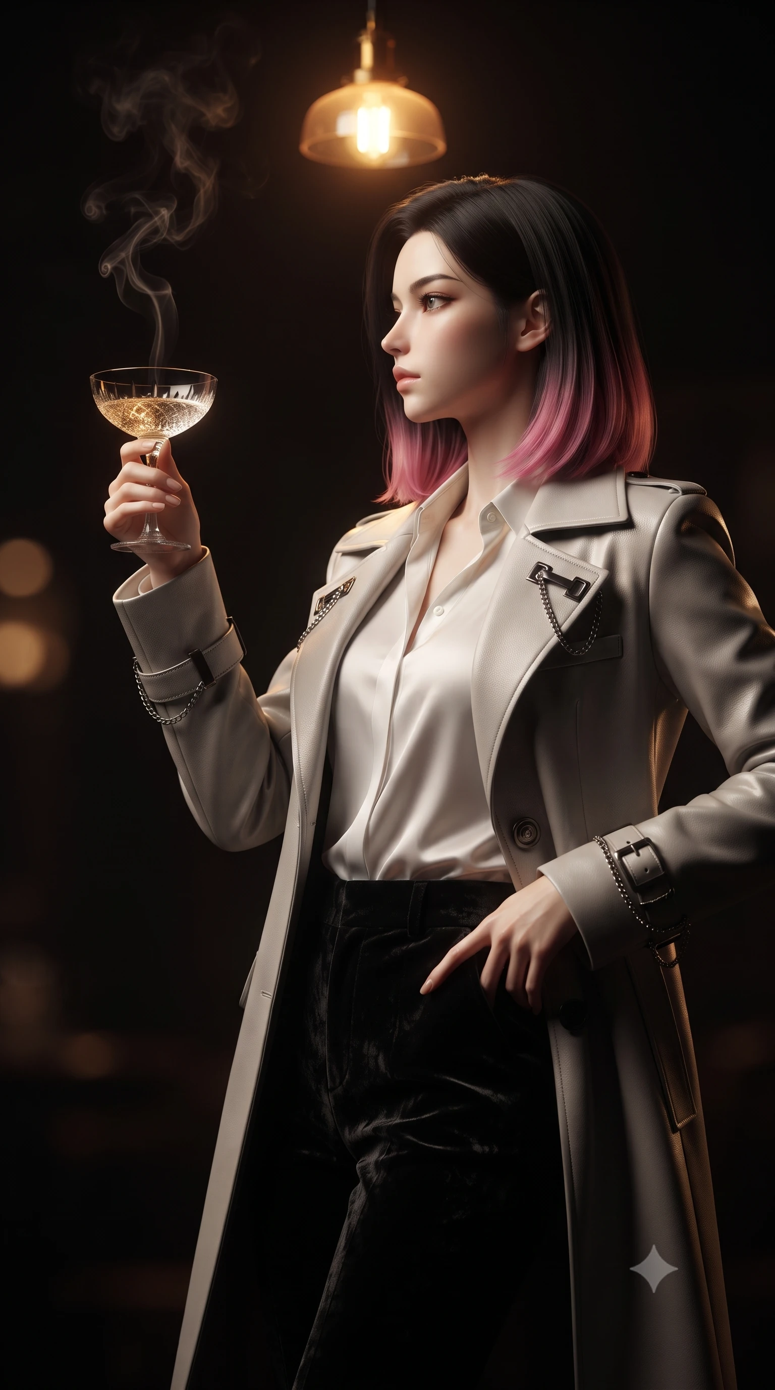 score_9, masterpiece, best quality, ultra-detailed, high-budget anime keyframe, editorial fashion photography, tasteful artistic composition, Korean woman. close-up cowboy shot from the waist and thighs up, the character dominates the composition, filling the frame with her large presence, background elements kept in soft focus. Turning her face in sharp dramatic profile against the key light, holding a crystal champagne coupe as soft golden light catches the liquid, swirling aromatic smoke trails rising gracefully into the dark moody air. She has an exceptionally elegant, slender, and willowy female figure with an ultra-slim waist, a gracefully sculpted slender torso, and a refined silhouette. sharp v-shaped jawline, high-bridge nose, intricate jewel-like eyes with depth, thick eyelashes, glossy lips with a natural sheen. wearing structured platinum leather long coat over white silk blouse and tailored slacks in pitch-black onyx, made of crushed dark silk velvet, framed by dark titanium buckles and silver chain details, sculpting her athletic slender build with refined precision. illuminated by a single warm amber pendant light directly above into pitch darkness. ultra-reflective glossy finish, specular highlights, metallic sheen, high-contrast stereoscopic depth, volumetric dynamic lighting, 2k, ultra detail, master piece, 9:16 ratio