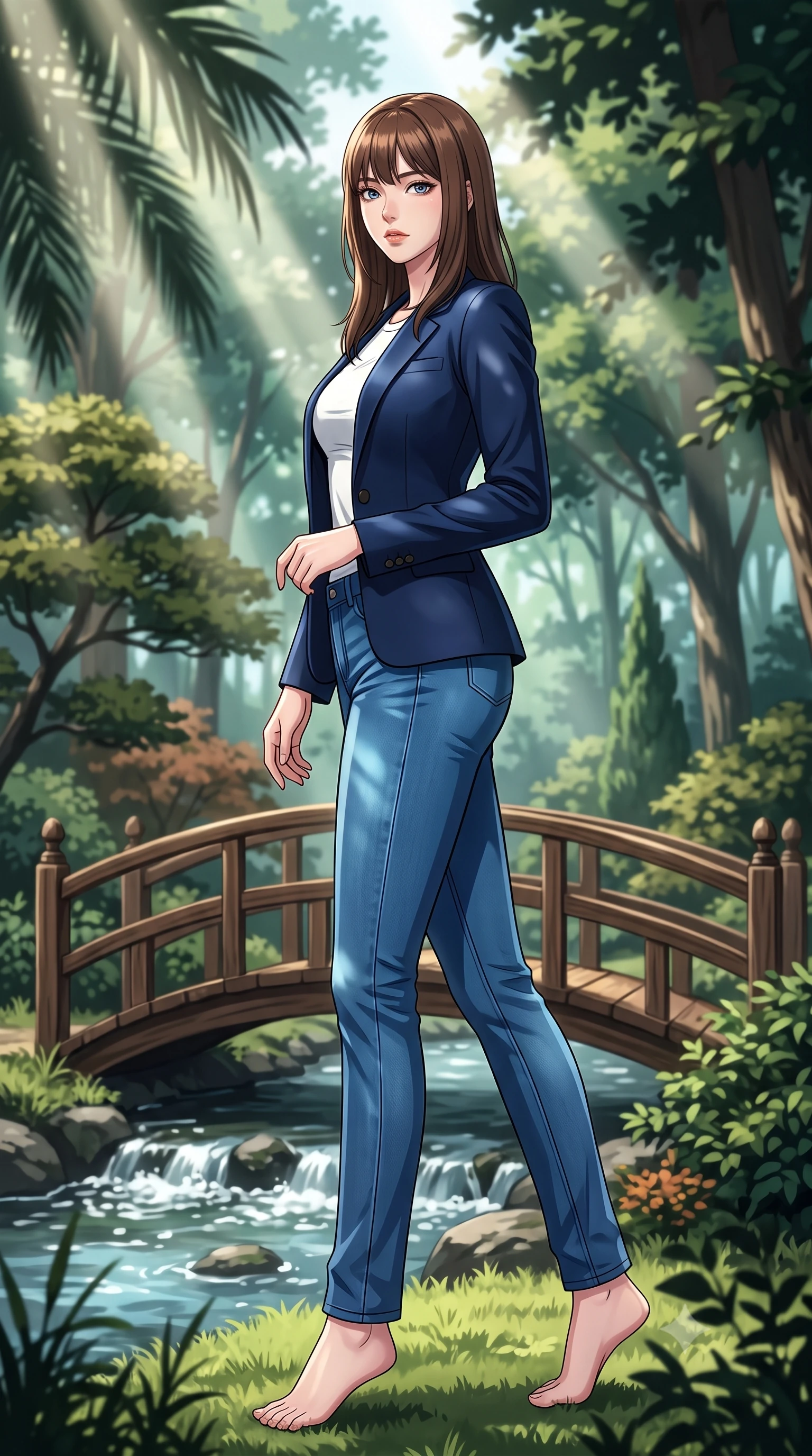 score_9, masterpiece, best quality, ultra-detailed, high-budget anime keyframe, tasteful artistic composition, Korean woman. low angle full-body shot from head to toe showing her feet, filling the entire 9:16 vertical frame with her statuesque presence, stretching her vertical silhouette. stepping gracefully while looking back over her shoulder, her dress draped tightly to reveal her silhouette the background shows a soft-focus a rustic wood bridge over a bubbling creek in a private estate garden. She has an absolutely perfect, statuesque 8.5-heads proportion, an exceptionally tall and slender model-like female figure with impossibly long slender legs and an ultra-slim waist. sharp v-shaped jawline, high-bridge nose, intricate jewel-like eyes with depth, thick eyelashes, glossy lips with a natural sheen. wearing a body-hugging classic navy blue blazer over a white crewneck shirt and straight-leg blue jeans. sun rays slicing through the tree fronds, creating dramatic volumetric shafts of light. highly saturated vibrant anime colors, cel-shading, 2d style, master piece, 9:16 ratio