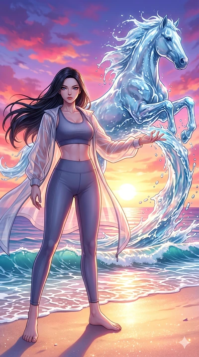 score_9, masterpiece, best quality, ultra-detailed, Set C: High-budget Anime Keyframe, Korean woman. Low angle cowboy shot filling the entire 9:16 frame with her statuesque presence. Summoning a wave of water that turns into a stallion on a beach at 