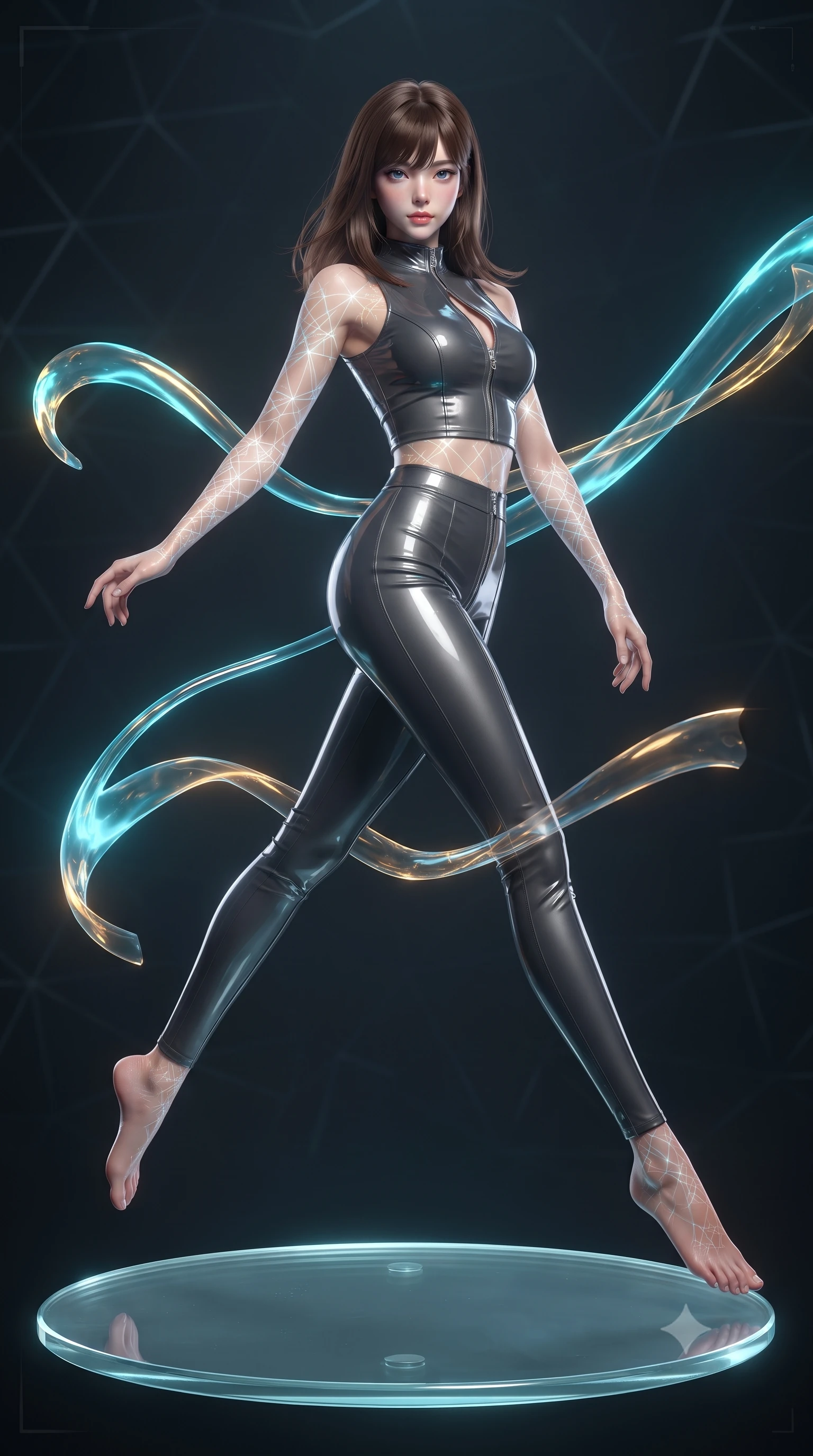 score_9, masterpiece, best quality, ultra-detailed, high-budget anime keyframe, editorial fashion photography, tasteful artistic composition, Korean woman. low angle full-body shot from head to toe showing her feet, filling the entire 9:16 vertical frame with her statuesque presence, stretching her vertical silhouette. leaping gracefully through mid-air with statuesque elegance, her impossibly long slender legs stretched in perfect balance while balancing on a glowing glass disk while luminescent ribbons swirl in zero-gravity, intricate geometric lattice patterns of light projected onto her skin. She has an absolutely perfect, statuesque 8.5-heads proportion, an exceptionally tall and slender model-like female figure with impossibly long slender legs and an ultra-slim waist. sharp v-shaped jawline, high-bridge nose, intricate jewel-like eyes with depth, thick eyelashes, glossy lips with a natural sheen, flawlessly proportioned anatomical accuracy, natural body alignment, perfectly sculpted elegant limbs, clean dynamic posture without body distortion. wearing a glossy vinyl crop top and high-waist tailored leggings with sleek zippers in charcoal grey and platinum, tailored from high-gloss patent leather, accented with a Tasteful chest slit framing her clavicle gracefully, the elegant draped fit framing her graceful clavicle and slender torso. illuminated by the brilliant glow of cyan and gold luminescent plasma ribbons. ultra-reflective glossy finish, specular highlights, metallic sheen, high-contrast stereoscopic depth, volumetric dynamic lighting, 2k, ultra detail, master piece, 9:16 ratio