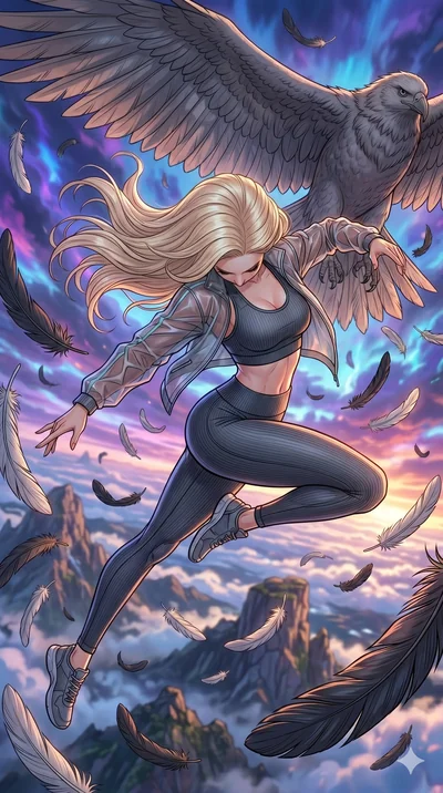 score_9, masterpiece, best quality, ultra-detailed, high-budget anime movie keyframe, cinematic anime lighting, intricate line art, Japanese woman. Extreme high angle shot as she leaps towards the camera, filling the frame. spinning in a storm of fea