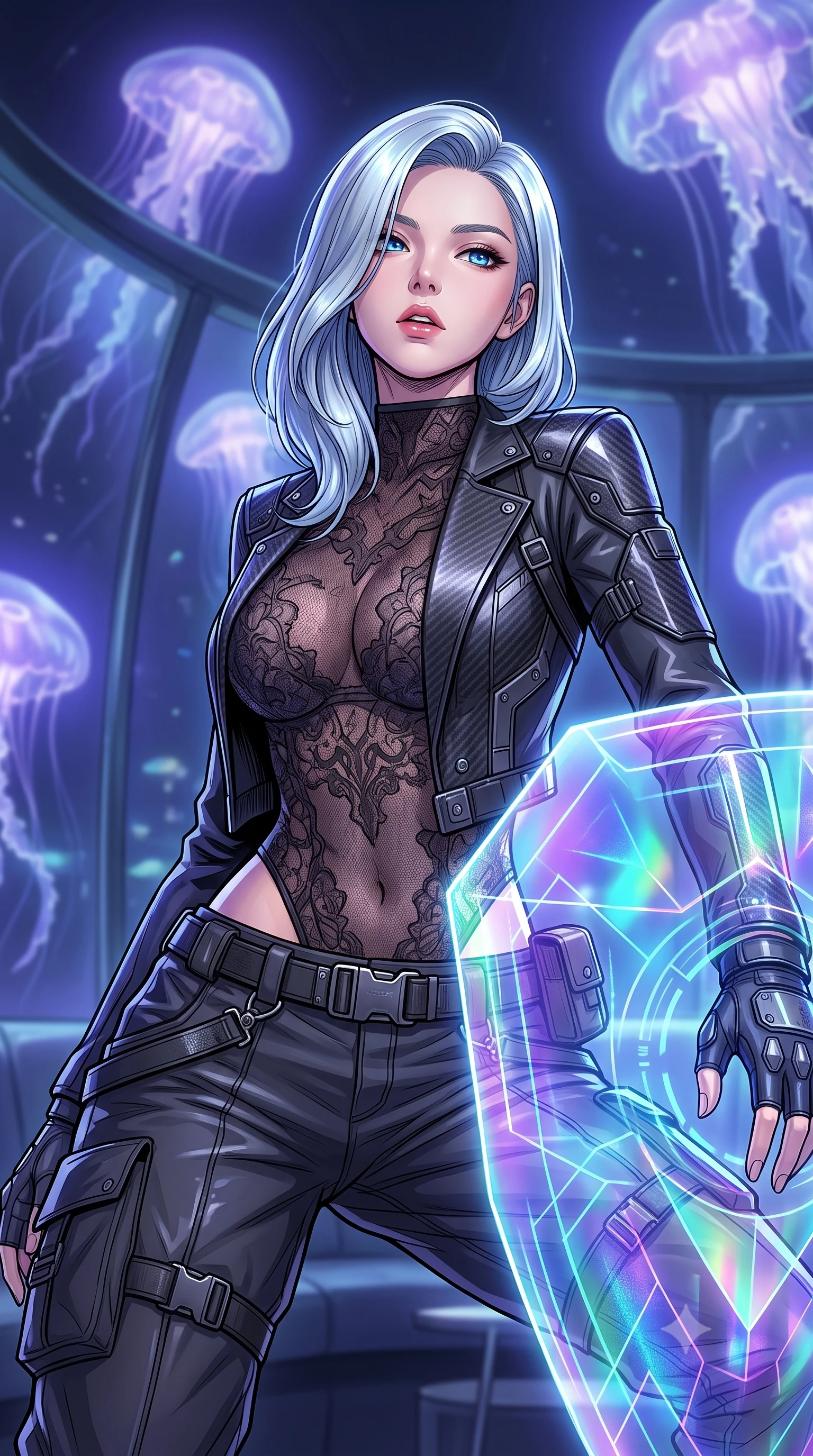 score_9, masterpiece, best quality, ultra-detailed, high-budget anime keyframe, editorial fashion photography, tasteful artistic composition, Korean woman. close-up cowboy shot from the waist and thighs up, the character dominates the composition, filling the frame with her large presence, background elements kept in soft focus. crouching slightly behind a glowing holographic shield emitter, looking up with defiance and lips slightly parted, the background shows a soft-focus a deep-sea observatory lounge with curved glass walls showing giant jellyfish. She has an exceptionally elegant, slender, and willowy female figure with an ultra-slim waist, a gracefully sculpted slender torso, and a refined silhouette. sharp v-shaped jawline, high-bridge nose, intricate jewel-like eyes with depth, thick eyelashes, glossy lips with a natural sheen. wearing a body-hugging semi-opaque dark lace bodysuit worn under a tailored open carbon-plated blazer and cargo pants. cool indigo and violet starlight from bioluminescent jellyfish drifting outside. highly saturated vibrant anime colors, detailed shading with soft gradients, rich glossy textures, high-contrast stereoscopic depth, volumetric dynamic lighting, master piece, 9:16 ratio