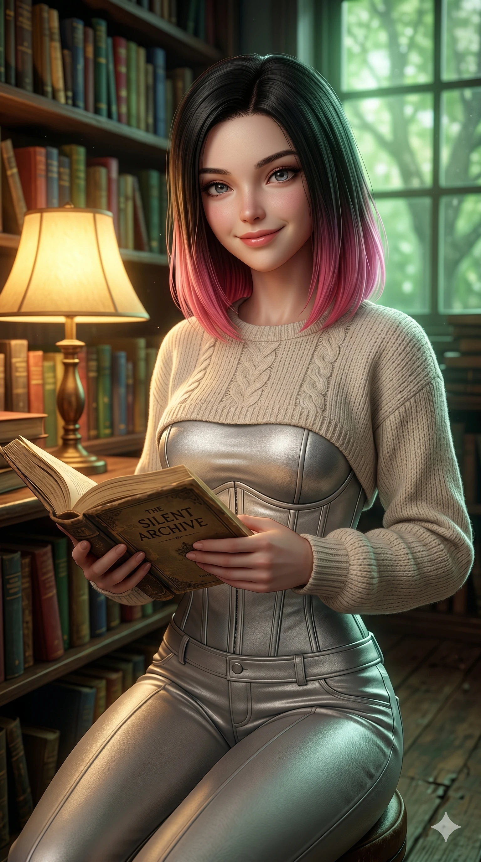 score_9, masterpiece, best quality, ultra-detailed, high-budget anime keyframe, semi-realistic 3D game render, Korean woman. Upper body close-up from the thighs up, character filling the screen for maximum presence. Inside a quiet library of physical books in a digital age, holding an old book, looking at the camera with a warm, nostalgic smile. She is wearing a casual cropped knit sweater over a structured silver bodice and trousers. The scene is lit by a warm reading lamp and soft green light filtering from a window. 2k, ultra detail, master piece, 9:16 ratio