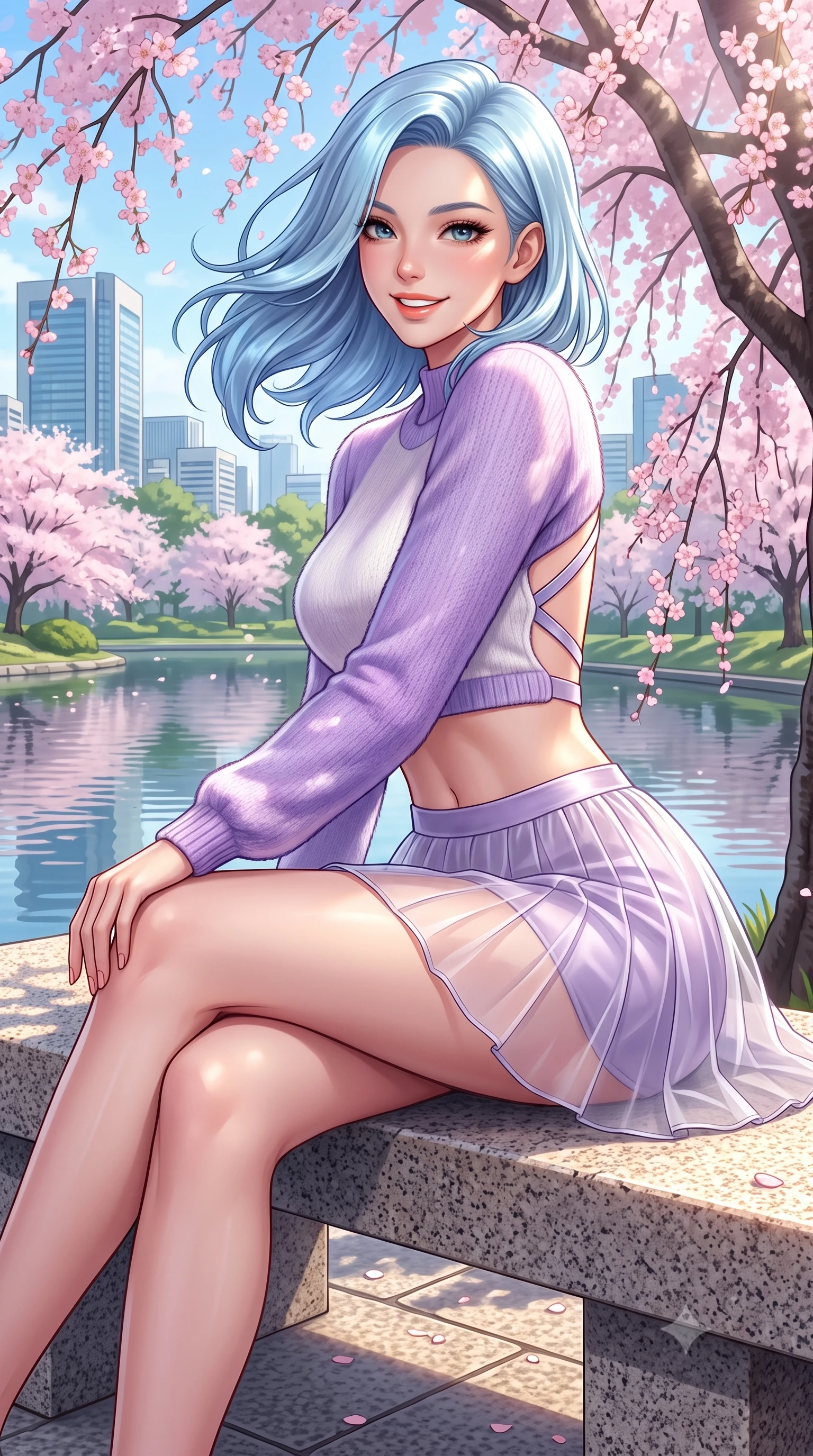 score_9, masterpiece, best quality, ultra-detailed, high-budget anime keyframe, semi-realistic 3D game render, editorial fashion photography, tasteful artistic composition, Korean woman. close-up cowboy shot from the waist and thighs up, the character dominates the composition, filling the frame with her large presence. turning playfully with a bright confident smile, her glossy hair tossing in the breeze as her hips angle gracefully in a captivating contrapposto while sitting on a sunny granite bench beside weeping sakura trees with legs crossed, her flat midriff and feminine hips highlighted by dappled light. The surrounding environment is rendered in vivid detail and crisp panoramic clarity. detailed knit top texture, soft sunlight highlights on skin, and Roppongi landscape clarity in high resolution. She has an exceptionally elegant, slender, and willowy female figure with an ultra-slim waist, flat toned midriff, narrow ribcage, and sculpted feminine hips creating an alluring, slim hourglass silhouette without bulk. sharp v-shaped jawline, high-bridge nose, intricate jewel-like sparkling eyes with depth, thick eyelashes, glossy parted lips with a natural peach sheen, bright cheerful beaming smile with an enchanting and coquettish sensual glint, exuding both youthful cute charm and seductive allure, flawlessly proportioned anatomical accuracy, strict slender model proportions, natural body alignment, perfectly sculpted long slender limbs, ultra-slim waistline, clean dynamic posture without body distortion. wearing a soft angora crop knit sweater with a sheer pleated organza mini skirt over an opaque silk slip in delicate lavender violet and pearlescent white, crafted from liquid-tight stretch jersey emphasizing every curve, finished with criss-cross back satin straps highlighting her graceful shoulder blades, the precision-cut side openings and low-back scoop framing her graceful spine and the sensual sweep of her slim, toned hips. illuminated by calm pond water reflections sharply defining her razor-sharp jawline, narrow waist, and curvy hips. highly saturated vibrant anime colors, detailed shading with soft gradients, rich glossy textures, high-contrast stereoscopic depth, volumetric dynamic lighting, master piece, 9:16 ratio