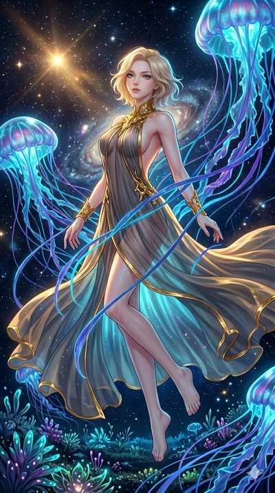 score_9, masterpiece, best quality, ultra-detailed, high-budget anime keyframe, Japanese woman. low angle full-body shot filling the entire 9:16 frame with her statuesque presence, stretching the vertical silhouette. swirling gracefully among the glo