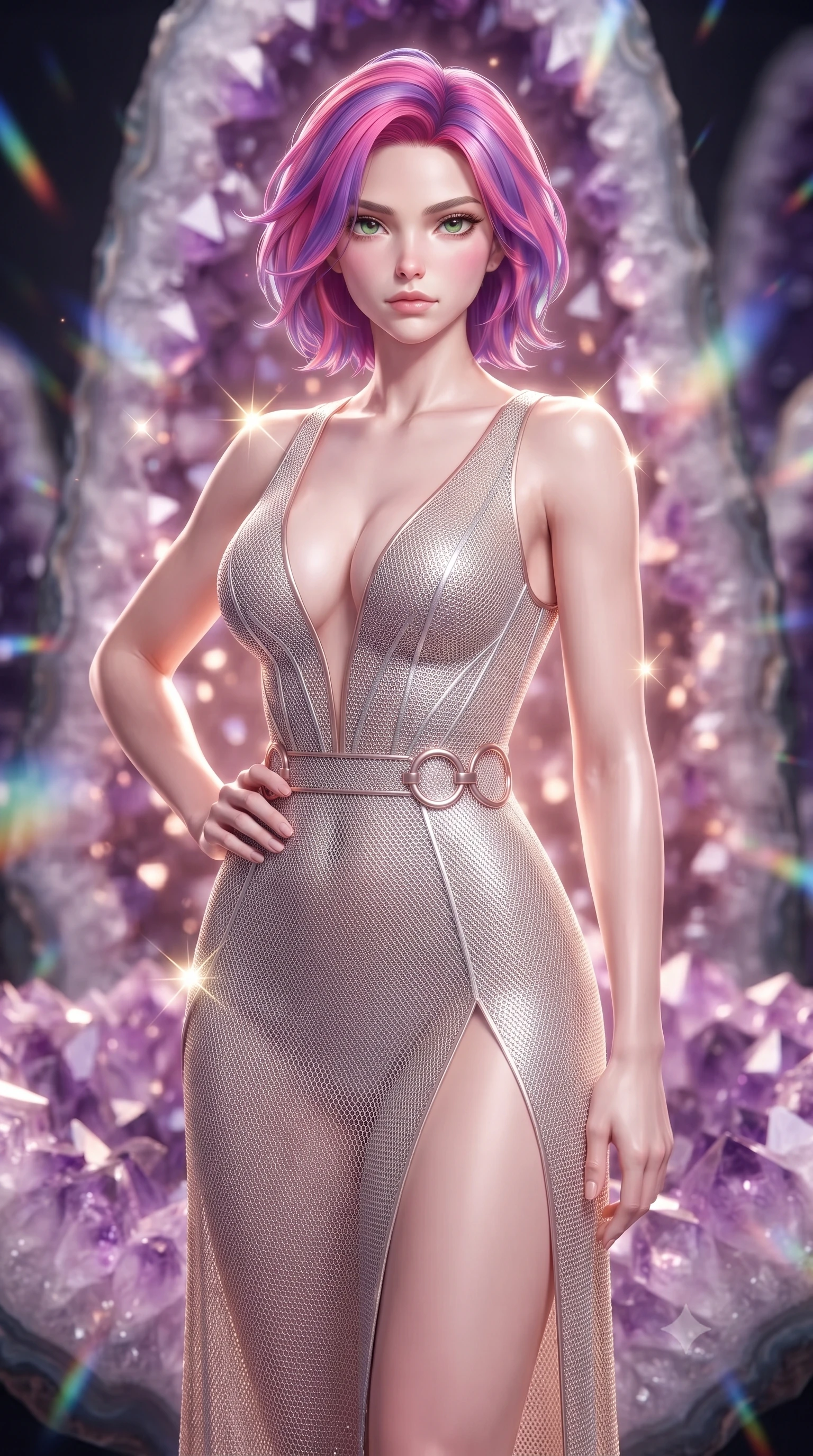 score_9, masterpiece, best quality, ultra-detailed, high-budget anime keyframe, editorial fashion photography, tasteful artistic composition, Caucasian woman. close-up cowboy shot from the waist and thighs up, the character dominates the composition, filling the frame with her large presence, background elements kept in soft focus. Holding a confident power pose with one hand on her hip, standing on a giant amethyst geode altar surrounded by violet prism light, soft rose-gold inner glow radiating from the geode walls. She has an exceptionally elegant, slender, and willowy female figure with an ultra-slim waist, a gracefully sculpted slender torso, and a refined silhouette. sharp v-shaped jawline, high-bridge nose, intricate jewel-like eyes with depth, thick eyelashes, glossy lips with a natural sheen. wearing low-cut structured bodice gown in liquid pearl with high leg slit in champagne gold, made of fine silver contouring mesh, trimmed with rose-gold ring hardware along the waist contours, accentuating her gracefully sculpted slender torso. surrounded by a glowing inner light aura with sharp specular glints. ultra-reflective glossy finish, specular highlights, metallic sheen, high-contrast stereoscopic depth, volumetric dynamic lighting, 2k, ultra detail, master piece, 9:16 ratio
