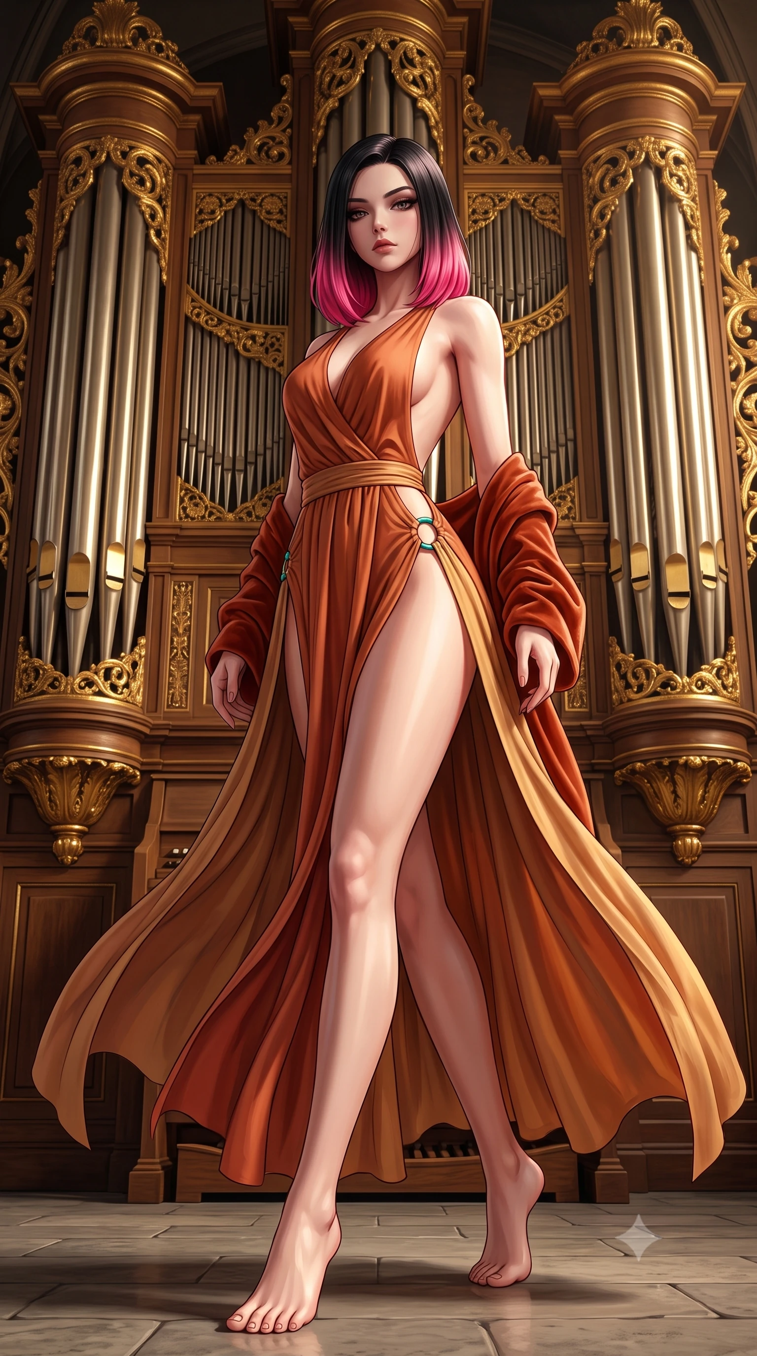 score_9, masterpiece, best quality, ultra-detailed, high-budget anime keyframe, semi-realistic 3D game render, editorial fashion photography, tasteful artistic composition, Korean woman. low angle full-body shot from head to toe showing her feet, filling the entire 9:16 vertical frame with her statuesque presence, stretching her vertical silhouette. striding forward in a proud supermodel runway stride, hips swaying in an alluring kinetic rhythm that accentuates her curvy hourglass silhouette while standing poised before a colossal gold-leaf pipe organ, twisting her slender torso in an alluring S-curve with smoldering gothic bedroom-eyes. The surrounding environment is rendered in vivid detail and crisp panoramic clarity. intense theatrical chiaroscuro and decadent gothic romance aesthetics rendered with precision. She has an exceptionally tall and slender model-like 8.5-heads proportion, an ultra-slim waist, a flat toned midriff, narrow delicate ribcage, and beautifully sculpted feminine hips creating a graceful, slim hourglass silhouette without any bulky heaviness, with impossibly long slender legs. sharp v-shaped jawline, high-bridge nose, intricate jewel-like eyes with depth, thick eyelashes, glossy parted lips with a natural sheen, intensely captivating and seductive bedroom-eyes expression, flawlessly proportioned anatomical accuracy, strict slender model proportions, natural body alignment, perfectly sculpted long slender limbs, ultra-slim waistline, clean dynamic posture without body distortion. wearing a backless terracotta silk wrap dress featuring high-cut side hip slits and turquoise ring hardware in desert terracotta copper and sun-baked sand gold, woven from layered gossamer chiffon with a weightless sweeping drape, complemented by a plush velvet shawl draped loosely over her elbows, the precision-cut side openings and low-back scoop framing her graceful spine and the sensual sweep of her slim, toned hips. surrounded by an immortal, seductive, and dangerously mesmerizing underground opera queen aura. highly saturated vibrant anime colors, detailed shading with soft gradients, rich glossy textures, high-contrast stereoscopic depth, volumetric dynamic lighting, master piece, 9:16 ratio