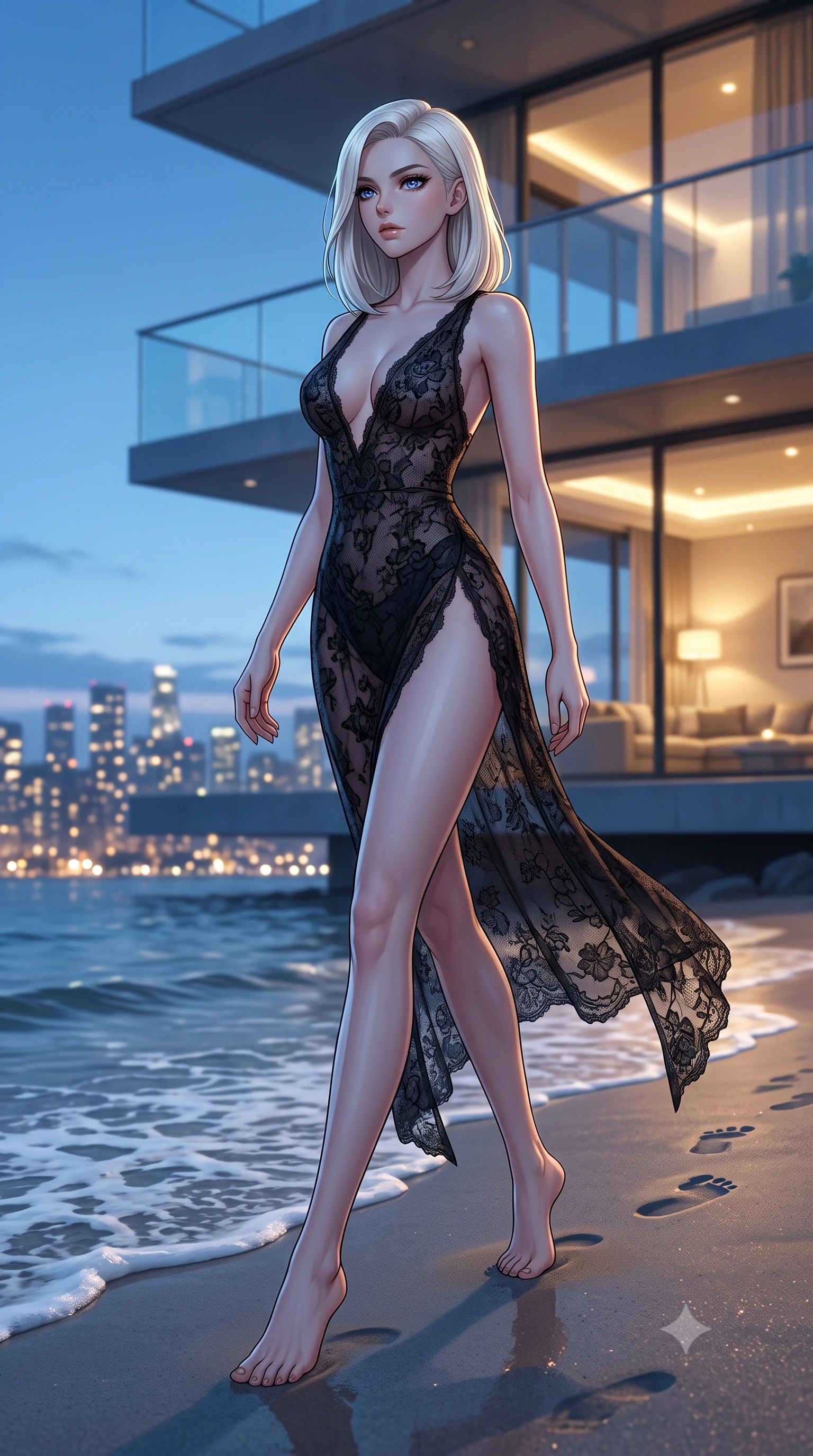 score_9, masterpiece, best quality, ultra-detailed, high-budget anime keyframe, editorial fashion photography, tasteful artistic composition, Caucasian woman woman. low angle full-body shot from head to toe showing her feet, filling the entire 9:16 vertical frame with her statuesque presence, stretching her vertical silhouette. walking slowly along the shoreline, leaving footprints in the wet sand the background shows a soft-focus a modern apartment balcony overlooking a distant glittering city skyline at dusk. She has an absolutely perfect, statuesque 8.5-heads proportion, an exceptionally tall and slender model-like female figure with impossibly long slender legs and an ultra-slim waist. sharp v-shaped jawline, high-bridge nose, intricate jewel-like eyes with depth, thick eyelashes, glossy lips with a natural sheen. wearing a form-contouring semi-opaque dark lace dress with a plunging neckline and high-cut leg line. the cool blue twilight sky contrasting with the warm golden lights of the room inside. 2k, ultra detail, master piece, 9:16 ratio