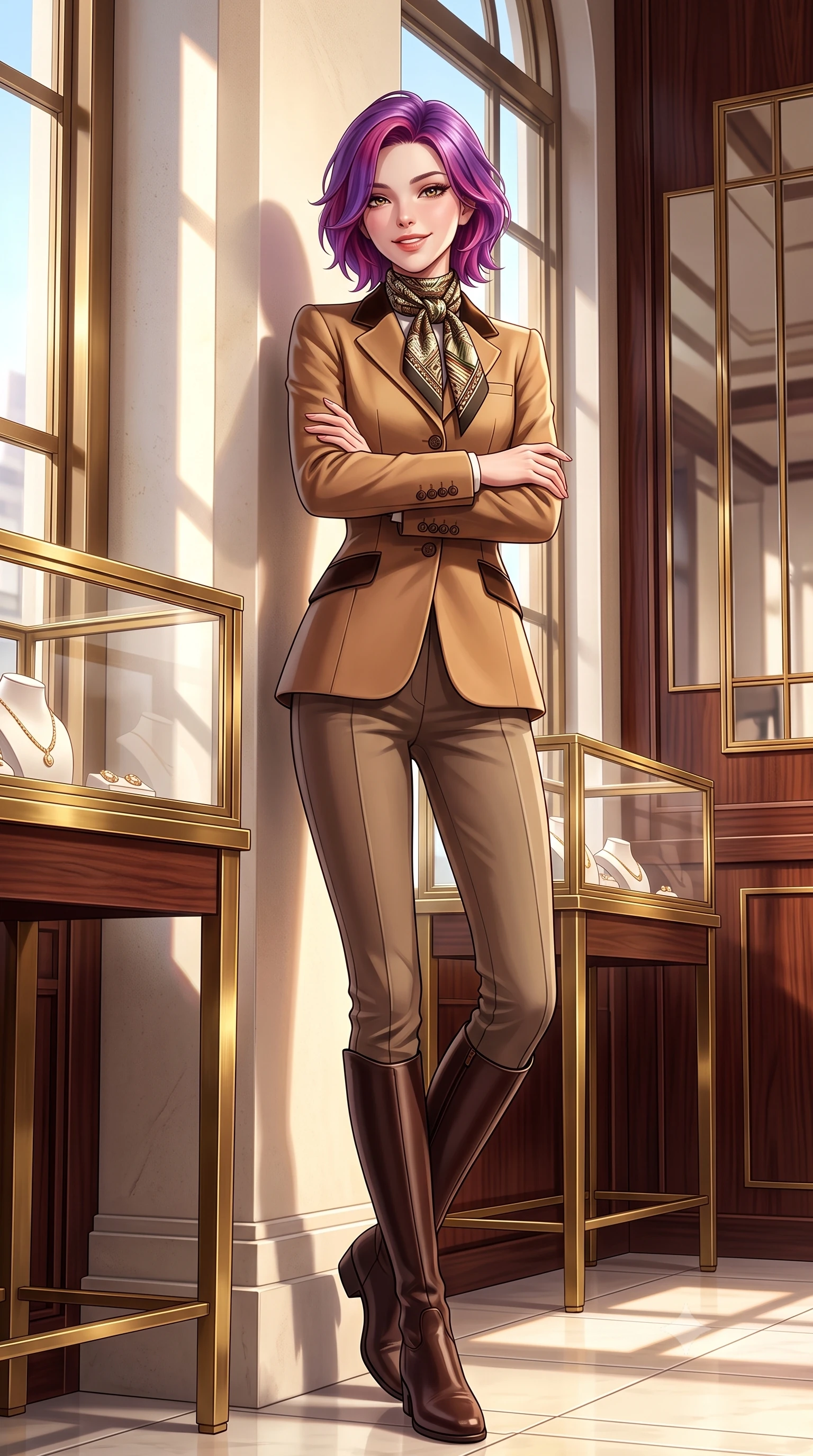 score_9, masterpiece, best quality, ultra-detailed, high-budget anime keyframe, semi-realistic 3D game render, editorial fashion photography, tasteful artistic composition, Caucasian woman. low angle full-body shot from head to toe showing her feet, filling the entire 9:16 vertical frame with her statuesque presence, stretching her vertical silhouette. leaning lightly against the sunlit architectural column with arms crossed loosely, flashing a warm, confident smile while walking through the 1920s-inspired Ginza salon past brass-framed vitrines, turning with magnetic cosmopolitan charm. The surrounding environment is rendered in vivid detail and crisp panoramic clarity: detailed embroidered wool blazer lapels, tailored cigarette trousers, and Taisho-modernist architectural craftsmanship in razor-sharp precision. She has an exceptionally tall and slender model-like 8.5-heads proportion, an ultra-slim waist, a flat toned midriff, narrow delicate ribcage, and beautifully sculpted feminine hips creating a graceful, slim hourglass silhouette without any bulky heaviness, with impossibly long slender legs. sharp v-shaped jawline, high-bridge nose, intricate jewel-like sparkling eyes with depth, thick eyelashes, glossy parted lips with a natural peach sheen, bright cheerful beaming smile with an enchanting and coquettish sensual glint, exuding both youthful cute charm and seductive allure, flawlessly proportioned anatomical accuracy, strict slender model proportions, natural body alignment, perfectly sculpted long slender limbs, ultra-slim waistline, clean dynamic posture without body distortion. wearing a tailored velvet collar wool equestrian blazer paired with slim-cut riding trousers and knee-high leather boots in Saint-Germain camel wool and warm espresso, made of crisp Egyptian cotton poplin with pristine tailored pressing, finished with a printed silk twilly scarf knotted gracefully around her neck, the bespoke architectural tailoring hugging her natural waistline with sartorial precision, creating a clean graceful hourglass silhouette with tall model elegance. illuminated by rosewood wall and brass reflection bounce with crisp champagne rim lights defining her cheekbones and slender waist. highly saturated vibrant anime colors, detailed shading with soft gradients, rich glossy textures, high-contrast stereoscopic depth, volumetric dynamic lighting, master piece, 9:16 ratio