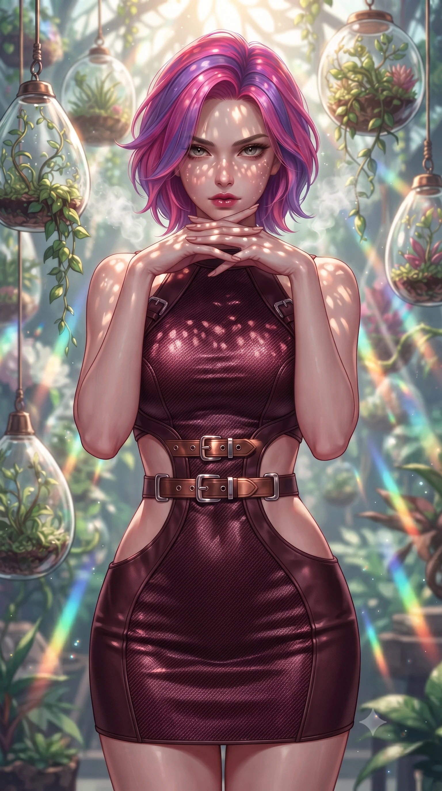 score_9, masterpiece, best quality, ultra-detailed, high-budget anime keyframe, editorial fashion photography, tasteful artistic composition, Caucasian woman. close-up cowboy shot from the waist and thighs up, the character dominates the composition, filling the frame with her large presence, background elements kept in soft focus. Resting her chin on the backs of her fingers, casting a sharp, mysterious gaze surrounded by floating glass terrariums and radiant biomorphic vines, steam clouds refracting sunlight into brilliant rainbow prisms. She has an exceptionally elegant, slender, and willowy female figure with an ultra-slim waist, a gracefully sculpted slender torso, and a refined silhouette. sharp v-shaped jawline, high-bridge nose, intricate jewel-like eyes with depth, thick eyelashes, glossy lips with a natural sheen. wearing a dramatic open-waist cutout mini dress framed by sculptural hardware in deep burgundy and bronze, made of fine carbon-fiber weave and soft matte leather, detailed with polished silver buckles along the waistline, the tailored fabric tightly following every curve of her athletic build. illuminated by brilliant sunbeams casting organic leaf stencil shadows. highly saturated vibrant anime colors, detailed shading with soft gradients, rich glossy textures, high-contrast stereoscopic depth, volumetric dynamic lighting, master piece, 9:16 ratio