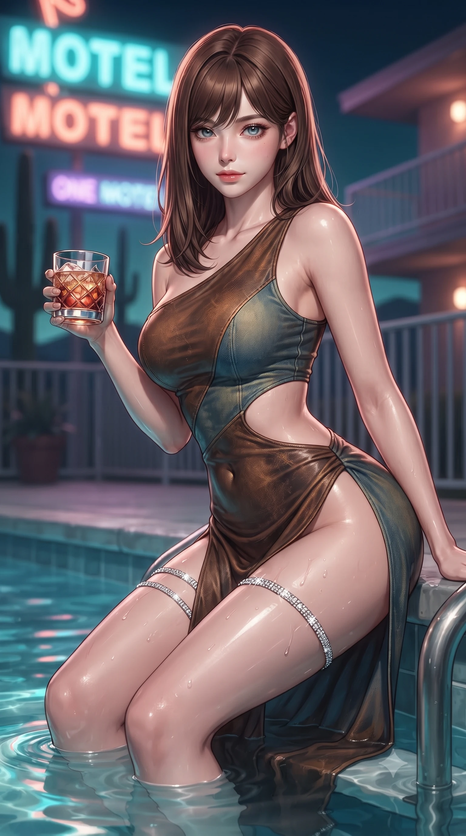 score_9, masterpiece, best quality, ultra-detailed, high-budget anime keyframe, editorial fashion photography, tasteful artistic composition, Korean woman. close-up cowboy shot from the waist and thighs up, the character dominates the composition, filling the frame with her large presence. leaning forward while arching her lower back to accentuate her curvy hips, looking into the camera with an intoxicating smoldering gaze and bedroom-eyes while sitting perched on the pool steps with water lapping at her thighs, holding a cocktail with effortless retro roadside cool. The background shows a soft-focus glowing neon motel sign letters, towering saguaro silhouettes, and motel balcony railings blurred into turquoise, coral, and violet bokeh. She has an exceptionally elegant, slender, and willowy female figure with an ultra-slim waist, flat toned midriff, narrow ribcage, and sculpted feminine hips creating an alluring, slim hourglass silhouette without bulk. sharp v-shaped jawline, high-bridge nose, sparkling eyes with hypnotic seductive depth, thick curled eyelashes, glossy parted lips with a natural dewy peach sheen, alluring bedroom-eyes with an enchanting coquettish smile, exuding magnetic siren charisma and sophisticated glamour, flawlessly proportioned anatomical accuracy, strict slender model proportions, natural body alignment, perfectly sculpted long slender limbs, ultra-slim waistline, clean dynamic posture without body distortion. wearing an asymmetric one-shoulder liquid jersey resort gown with dramatic hip-high slit and waist cutout in distressed whiskey leather brown and sun-bleached denim blue, crafted from smooth liquid-tight stretch jersey emphasizing every curve of her body, finished with delicate crystal-encrusted thigh garter straps glinting in the sunlight, the second-skin tailored fabric adhering flawlessly to her sculpted flat midriff and slender torso, emphasizing her long leg lines and perfectly proportioned willowy build. illuminated by pool water caustic bounce and sharp turquoise rim lights sculpting her jawline, flat midriff, and voluptuous hip curves. ultra-reflective glossy finish, specular highlights, rich textural contrasts, high-contrast stereoscopic depth, volumetric dynamic lighting, 2k, ultra detail, master piece, 9:16 ratio
