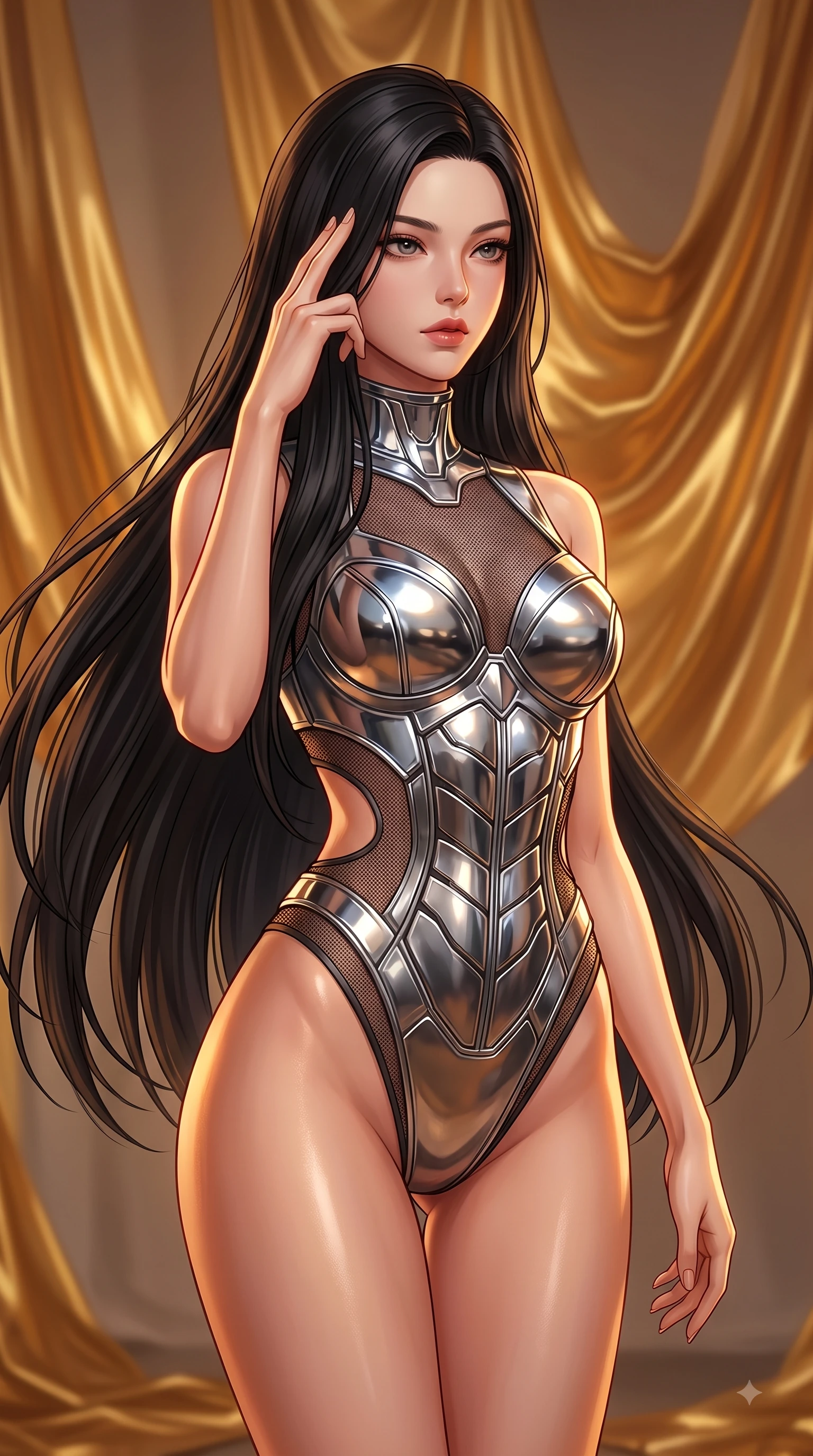 score_9, masterpiece, best quality, ultra-detailed, high-budget anime keyframe, editorial fashion photography, tasteful artistic composition, Korean woman woman. close-up cowboy shot from the waist and thighs up, the character dominates the composition, filling the frame with her large presence, background elements kept in soft focus. She has an exceptionally elegant, slender, and willowy female figure with an ultra-slim waist, a gracefully sculpted slender torso, and a refined silhouette. pressing two fingers to her temple in a composed gesture, gazing past the camera with sharp focus, flawlessly proportioned anatomical accuracy, natural body alignment, perfectly sculpted elegant limbs, clean dynamic posture without body distortion. set against a soft-focus background of an avant-garde art studio with suspended liquid gold drapes. wearing a high-cut chrome-plated structured bodice over fine dark mesh with side waist cutouts. bathed in warm amber spotlighting creating metallic specular highlights on her form. highly saturated vibrant anime colors, detailed shading with soft gradients, rich glossy textures, high-contrast stereoscopic depth, volumetric dynamic lighting, master piece, 9:16 ratio