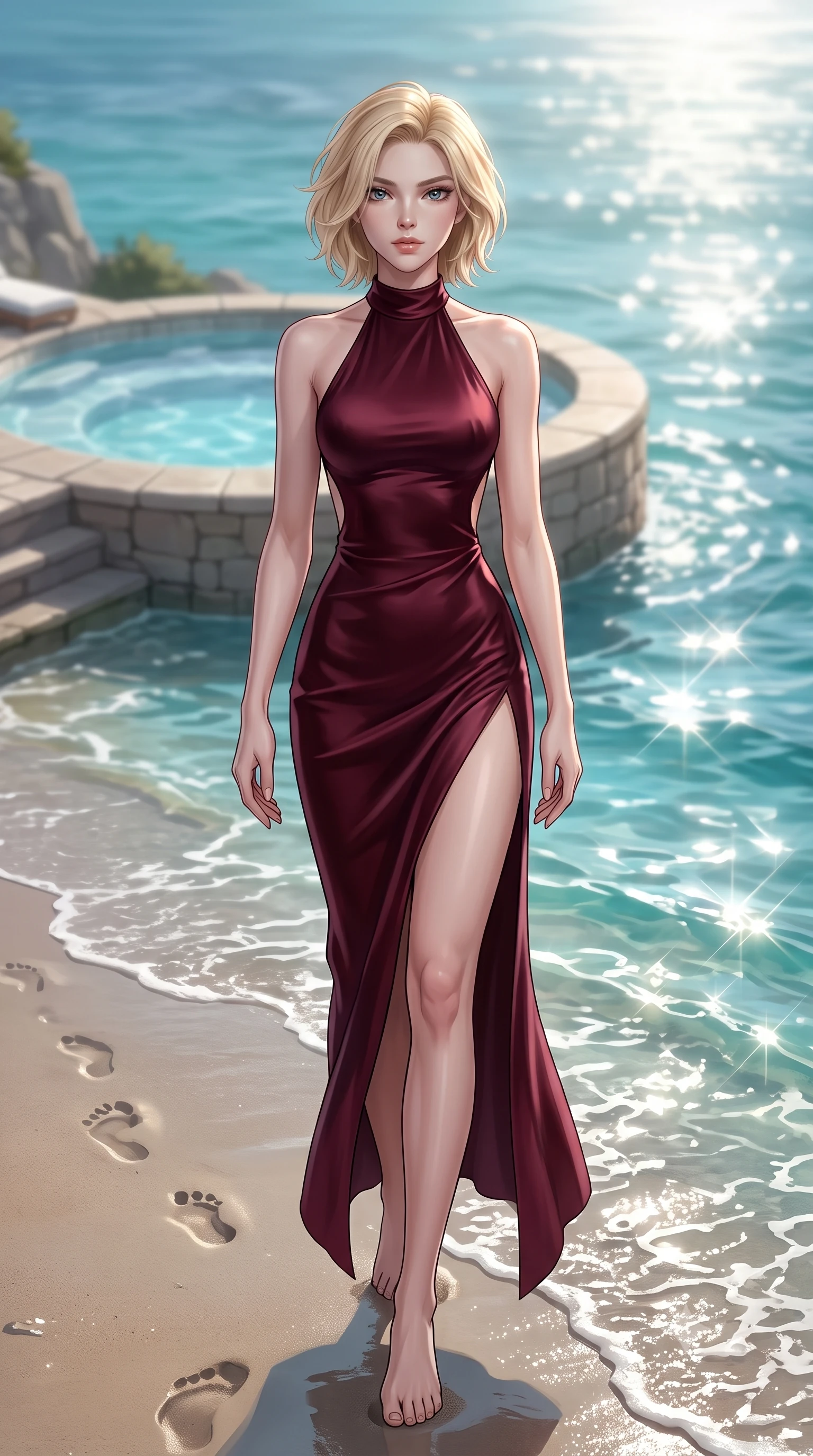 score_9, masterpiece, best quality, ultra-detailed, high-budget anime keyframe, editorial fashion photography, tasteful artistic composition, Caucasian woman woman. low angle full-body shot from head to toe showing her feet, filling the entire 9:16 vertical frame with her statuesque presence, stretching her vertical silhouette. walking slowly along the shoreline, leaving footprints in the wet sand the background shows a soft-focus an outdoor stone spa pool on a high cliff overlooking a turquoise sea. She has an absolutely perfect, statuesque 8.5-heads proportion, an exceptionally tall and slender model-like female figure with impossibly long slender legs and an ultra-slim waist. sharp v-shaped jawline, high-bridge nose, intricate jewel-like eyes with depth, thick eyelashes, glossy lips with a natural sheen. wearing a form-contouring high-slit satin gown in deep burgundy with an elegant halter neck and open back. shimmering sunbeams creating sparkling reflections off the water surface. 2k, ultra detail, master piece, 9:16 ratio