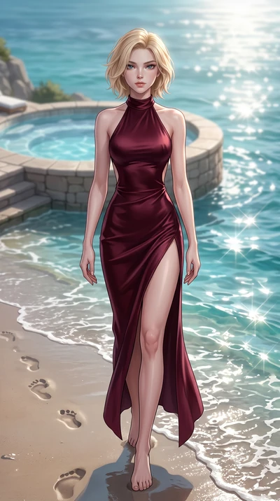 score_9, masterpiece, best quality, ultra-detailed, high-budget anime keyframe, editorial fashion photography, tasteful artistic composition, Caucasian woman woman. low angle full-body shot from head to toe showing her feet, filling the entire 9:16 v