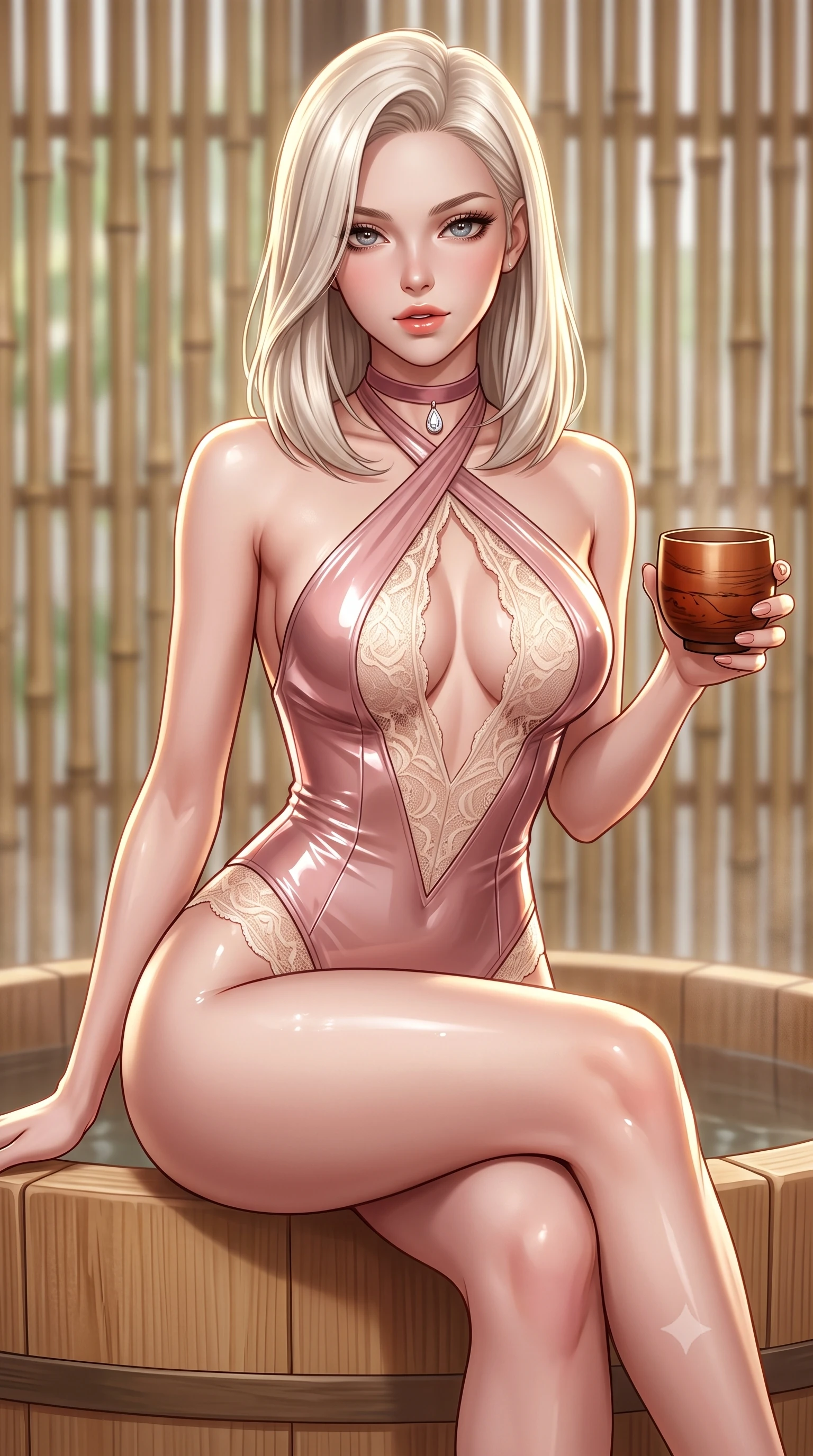 score_9, masterpiece, best quality, ultra-detailed, high-budget anime keyframe, semi-realistic 3D game render, editorial fashion photography, tasteful artistic composition, Caucasian woman. close-up cowboy shot from the waist and thighs up, the character dominates the composition, filling the frame with her large presence. leaning forward while arching her lower back to accentuate her curvy hips, looking into the camera with an intoxicating smoldering gaze and bedroom-eyes while sitting perched on the wide hinoki wood rim with legs crossed, holding a lacquered wooden sake cup with an enchanting, parted-lip smile. The background shows a soft-focus minimalist bamboo privacy lattice softened in haute Japanese luxury shallow focus. She has an exceptionally elegant, slender, and willowy female figure with an ultra-slim waist, flat toned midriff, narrow ribcage, and sculpted feminine hips creating an alluring, slim hourglass silhouette without bulk. sharp v-shaped jawline, high-bridge nose, sparkling eyes with hypnotic seductive depth, thick curled eyelashes, glossy parted lips with a natural dewy peach sheen, alluring bedroom-eyes with an enchanting coquettish smile, exuding magnetic siren charisma and sophisticated glamour, flawlessly proportioned anatomical accuracy, strict slender model proportions, natural body alignment, perfectly sculpted long slender limbs, ultra-slim waistline, clean dynamic posture without body distortion. wearing a criss-cross halterneck keyhole bodysuit with open back and sculpted waist darts in dusky blush pink and warm ivory lace, crafted from wet-look high-gloss vinyl fabric with dazzling specular surface reflections, finished with a thin velvet ribbon choker and a single teardrop diamond pendant, the liquid-tight tailored fabric clinging flawlessly to her narrow waist and rounded feminine hips, emphasizing every millimeter of her sculpted slim hourglass curves without any bulky heaviness. illuminated by wet glass reflections and sharp champagne-gold rim lights defining her delicate clavicles, ultra-slim waist, and curvy hips. highly saturated vibrant anime colors, detailed shading with soft gradients, rich glossy textures, high-contrast stereoscopic depth, volumetric dynamic lighting, master piece, 9:16 ratio