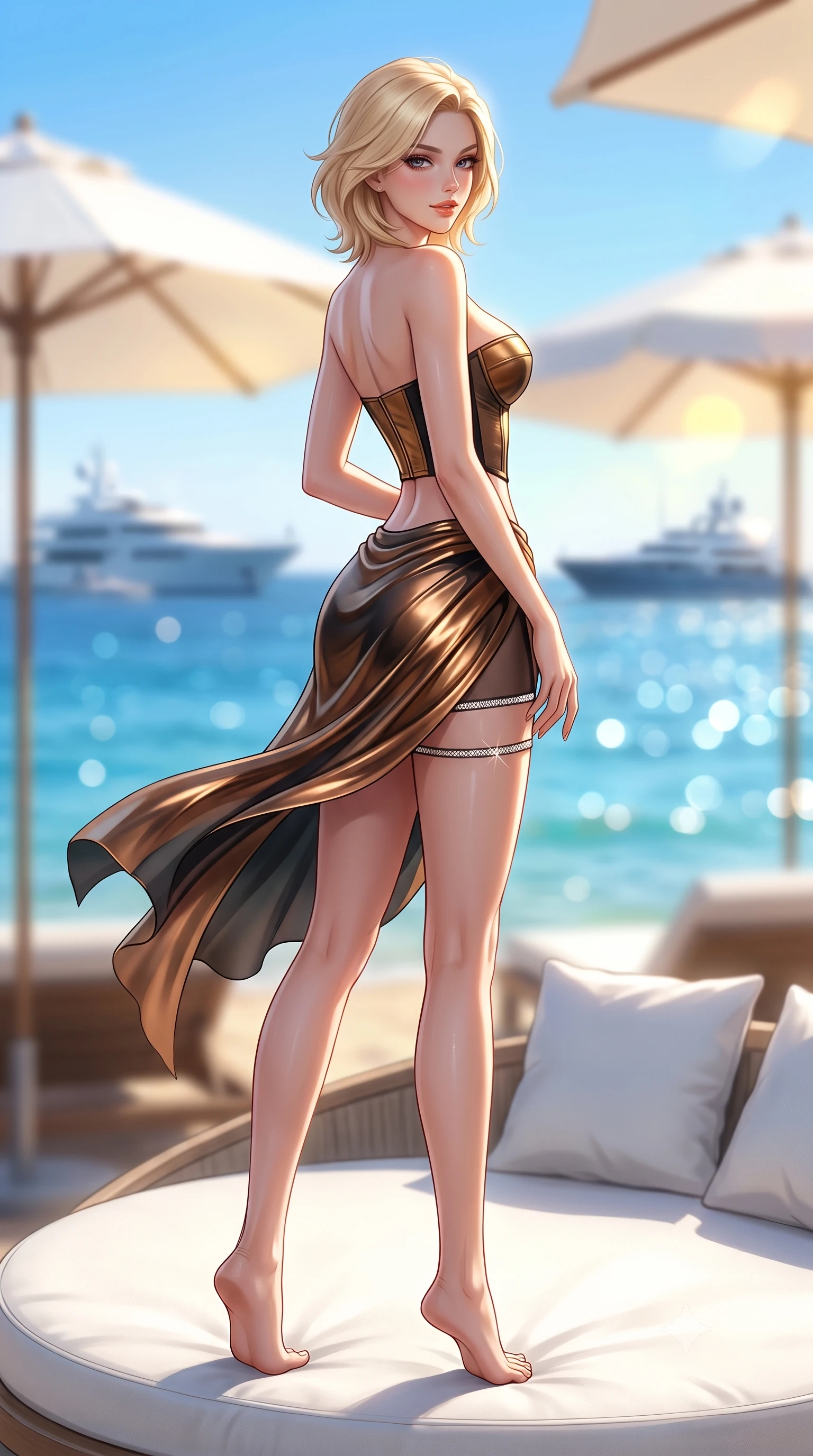 score_9, masterpiece, best quality, ultra-detailed, high-budget anime keyframe, semi-realistic 3D game render, editorial fashion photography, tasteful artistic composition, Caucasian woman. low angle full-body shot from head to toe showing her feet, filling the entire 9:16 vertical frame with her statuesque presence, stretching her vertical silhouette. executing a slow, graceful pivot turn as her skirt sways around her slender legs, glancing back with an enchanting, teasing sensual expression while lounging across the circular white canvas daybed with legs crossed, arching her lower back with sovereign Riviera beach allure. The background shows a soft-focus the sparkling sapphire bay of Pampelonne, distant mega-yachts, and white parasols blurred into azure, champagne, and gold bokeh. She has an absolutely perfect, statuesque 8.5-heads proportion, an exceptionally tall and slender model-like female figure with impossibly long slender legs, an ultra-slim waist, a flat toned midriff, narrow delicate ribcage, and beautifully sculpted feminine hips creating a graceful, slim hourglass silhouette without any bulky heaviness. sharp v-shaped jawline, high-bridge nose, sparkling eyes with hypnotic seductive depth, thick curled eyelashes, glossy parted lips with a natural dewy peach sheen, alluring bedroom-eyes with an enchanting coquettish smile, exuding magnetic siren charisma and sophisticated glamour, flawlessly proportioned anatomical accuracy, strict slender model proportions, natural body alignment, perfectly sculpted long slender limbs, ultra-slim waistline, clean dynamic posture without body distortion. wearing a structured underwire bikini bustier top paired with an ultra-short draped sarong wrap mini skirt in metallic liquid bronze and Mojave obsidian black, made of semi-opaque stretch illusion mesh with soft shadowy contours, finished with delicate crystal-encrusted thigh garter straps glinting in the sunlight, the form-contouring silhouette accentuating her sculpted flat midriff, narrow delicate ribcage, and gracefully curvy hips with intoxicating allure. illuminated by sea water reflection fill and sharp platinum-gold rim lights sculpting her razor-sharp jawline, narrow waist, and curvy hips. highly saturated vibrant anime colors, detailed shading with soft gradients, rich glossy textures, high-contrast stereoscopic depth, volumetric dynamic lighting, master piece, 9:16 ratio