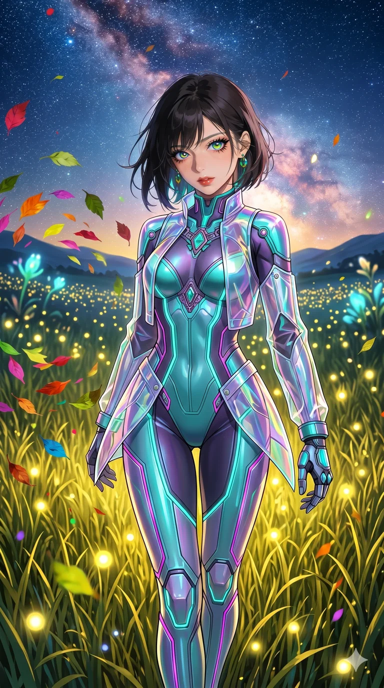 첨부의 캐릭터 얼굴만 유지해, score_9, masterpiece, best quality, ultra-detailed, Set C: High-budget Anime Keyframe, Korean woman. Low angle cowboy shot filling the entire 9:16 frame with her statuesque presence. Walking through a field of tall grass that glows with fireflies. She has an absolutely perfect 8-heads proportion, an exceptionally tall and slender female figure with elegant long slender legs and an slender waist. Sharp v-shaped jawline, high-bridge nose, intricate jewel-like eyes with depth, thick eyelashes, glossy lips. Wearing a Tech-Fantasy outfit: cybernetic tech-suit with glowing seams and translucent PVC. Background is a bright and colorful meadow with thousands of yellow lights and a vibrant starry sky. 2k, ultra detail, master piece, 9:16 ratio