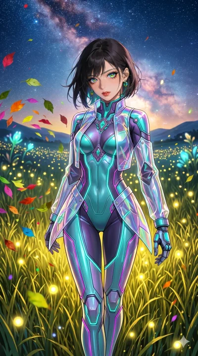 첨부의 캐릭터 얼굴만 유지해, score_9, masterpiece, best quality, ultra-detailed, Set C: High-budget Anime Keyframe, Korean woman. Low angle cowboy shot filling the entire 9:16 frame with her statuesque presence. Walking through a field of tall grass that glows w
