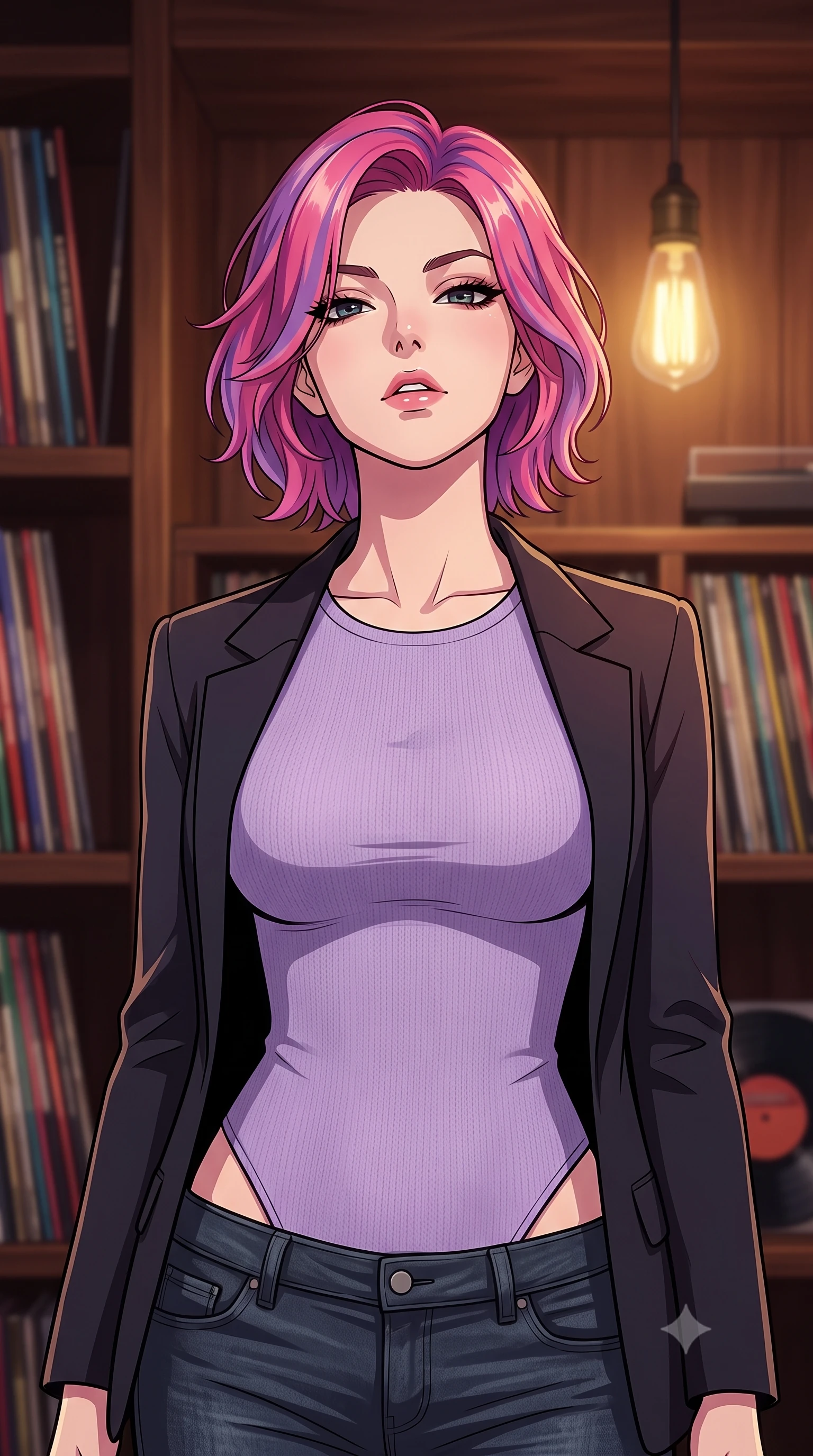 score_9, masterpiece, best quality, ultra-detailed, high-budget anime keyframe, tasteful artistic composition, Caucasian woman. close-up cowboy shot from the waist and thighs up, the character dominates the composition, filling the frame with her large presence, background elements kept in soft focus. tilting her chin up slightly with lips parted in a composed, provocative expression the background shows a soft-focus a private retro LP listening room with dark walnut wood shelves filled with vinyl records. She has an exceptionally elegant, slender, and willowy female figure with an ultra-slim waist, a gracefully sculpted slender torso, and a refined silhouette. sharp v-shaped jawline, high-bridge nose, intricate jewel-like eyes with depth, thick eyelashes, glossy lips with a natural sheen. wearing a form-contouring tight-fitting lavender knit bodysuit worn under a tailored open blazer and jeans. warm golden light from a single retro bulb casting cozy, soft shadows. highly saturated vibrant anime colors, cel-shading, 2d style, master piece, 9:16 ratio