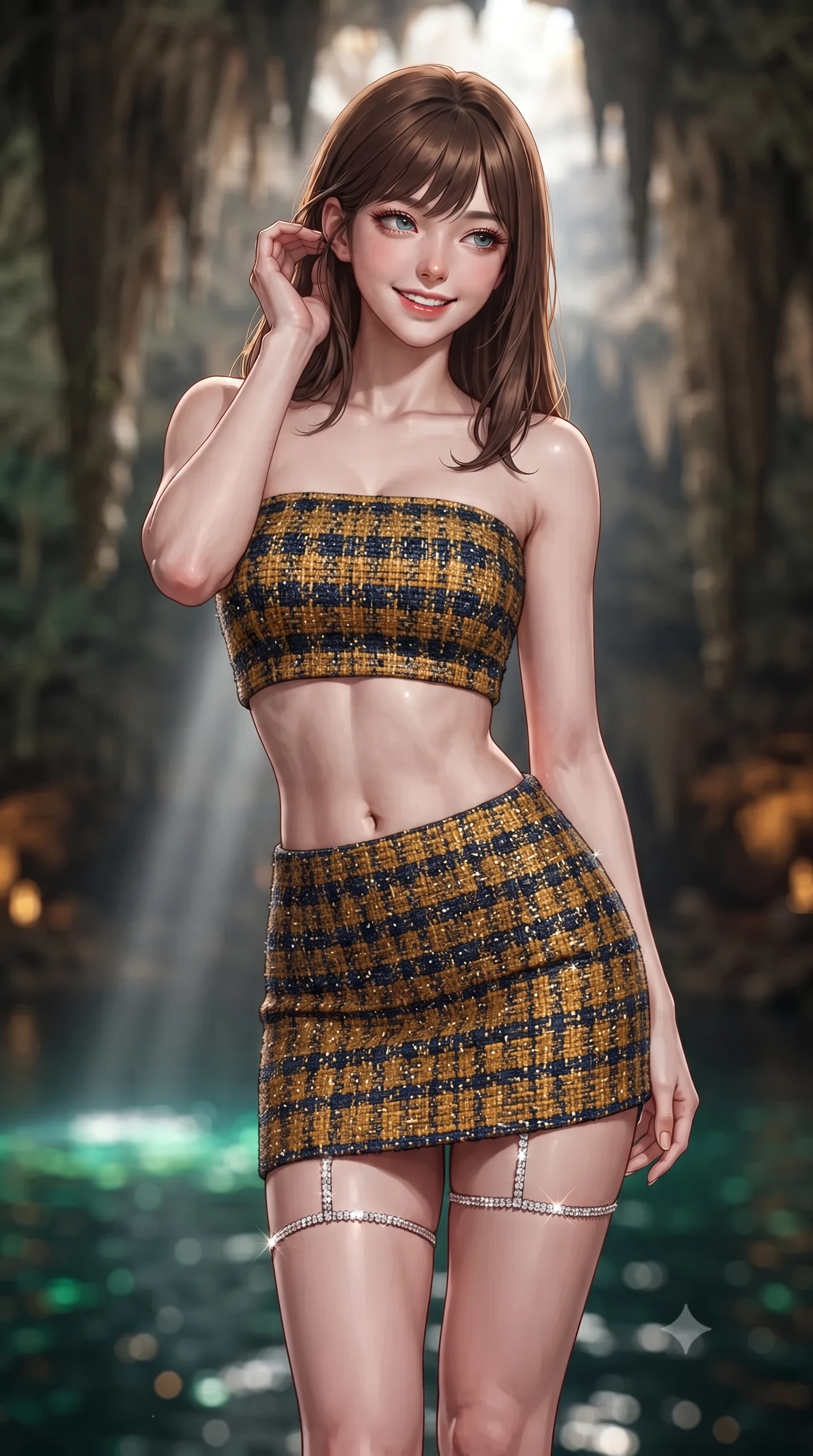 score_9, masterpiece, best quality, ultra-detailed, high-budget anime keyframe, editorial fashion photography, tasteful artistic composition, Korean woman. close-up cowboy shot from the waist and thighs up, the character dominates the composition, filling the frame with her large presence. gently brushing a lock of hair behind her ear while casting a playful, flirtatious side-gaze with long eyelashes while twisting her slender torso in an alluring contrapposto stance, shimmering emerald water reflections and celestial sunbeams caressing her flat midriff and hips. The background shows a soft-focus colossal hanging limestone stalactites, single beam of sunlight cutting through subterranean mist, and translucent emerald cavern water blurred into jade, topaz, and obsidian bokeh. She has an exceptionally elegant, slender, and willowy female figure with an ultra-slim waist, flat toned midriff, narrow ribcage, and sculpted feminine hips creating an alluring, slim hourglass silhouette without bulk. sharp v-shaped jawline, high-bridge nose, intricate jewel-like sparkling eyes with depth, thick eyelashes, glossy parted lips with a natural peach sheen, bright cheerful beaming smile with an enchanting and coquettish sensual glint, exuding both youthful cute charm and seductive allure, flawlessly proportioned anatomical accuracy, strict slender model proportions, natural body alignment, perfectly sculpted long slender limbs, ultra-slim waistline, clean dynamic posture without body distortion. wearing an ultra-cropped fitted bandeau top paired with a micro mini tennis skirt revealing her flat toned midriff in Lofoten midnight sun golden amber and Arctic deep navy, woven from structured British tweed with subtle metallic flecks, finished with delicate crystal-encrusted thigh garter straps glinting in the dim light, the glove-like clinging cut tightly following the natural contour of her hips and long slender legs with youthful 8.5-heads elegance. bathed in the theatrical 5000K vertical god-ray sunbeam shaft contrasting with warm 2600K amber cave wall accent downlights. ultra-reflective glossy finish, specular highlights, rich textural contrasts, high-contrast stereoscopic depth, volumetric dynamic lighting, 2k, ultra detail, master piece, 9:16 ratio