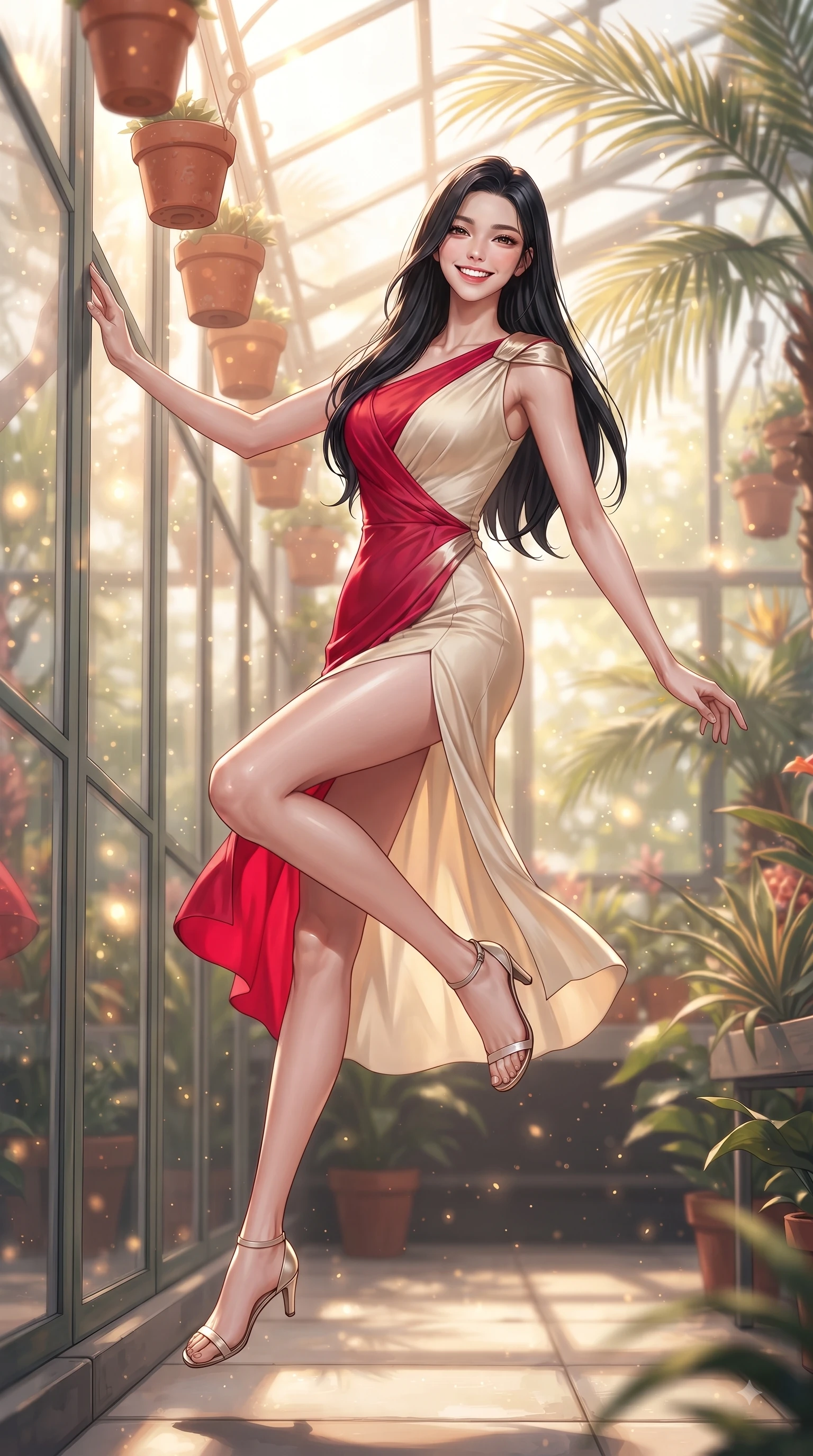 score_9, masterpiece, best quality, ultra-detailed, high-budget anime keyframe, editorial fashion photography, tasteful artistic composition, Korean woman. low angle full-body shot from head to toe showing her feet, filling the entire 9:16 vertical frame with her statuesque presence, stretching her vertical silhouette. leaping with pure youthful energy through the scene with a radiant bright smile, her long slender legs balanced gracefully while leaning against a glass greenhouse wall surrounded by hanging terracotta flower pots. The composition keeps background elements in soft focus with dreamy bokeh. sunbeams filtering through palm leaves scattering soft background light motes. She has an absolutely perfect, statuesque 8.5-heads proportion, an exceptionally tall and slender model-like female figure with impossibly long slender legs and an ultra-slim waist. sharp v-shaped jawline, high-bridge nose, intricate jewel-like eyes with depth, thick eyelashes, glossy lips with a natural sheen, flawlessly proportioned anatomical accuracy, natural body alignment, perfectly sculpted elegant limbs, clean dynamic posture without body distortion. wearing an asymmetrical draped chiffon midi dress with a sleek shoulder accent in vivid crimson red and champagne cream, crafted from lightweight fluid chiffon, featuring a sleek side leg slit ascending to mid-thigh, the tailored fabric tightly following every curve of her athletic build. bathed in brilliant golden sunlight filtering through conservatory glass panes. ultra-reflective glossy finish, specular highlights, metallic sheen, high-contrast stereoscopic depth, volumetric dynamic lighting, 2k, ultra detail, master piece, 9:16 ratio