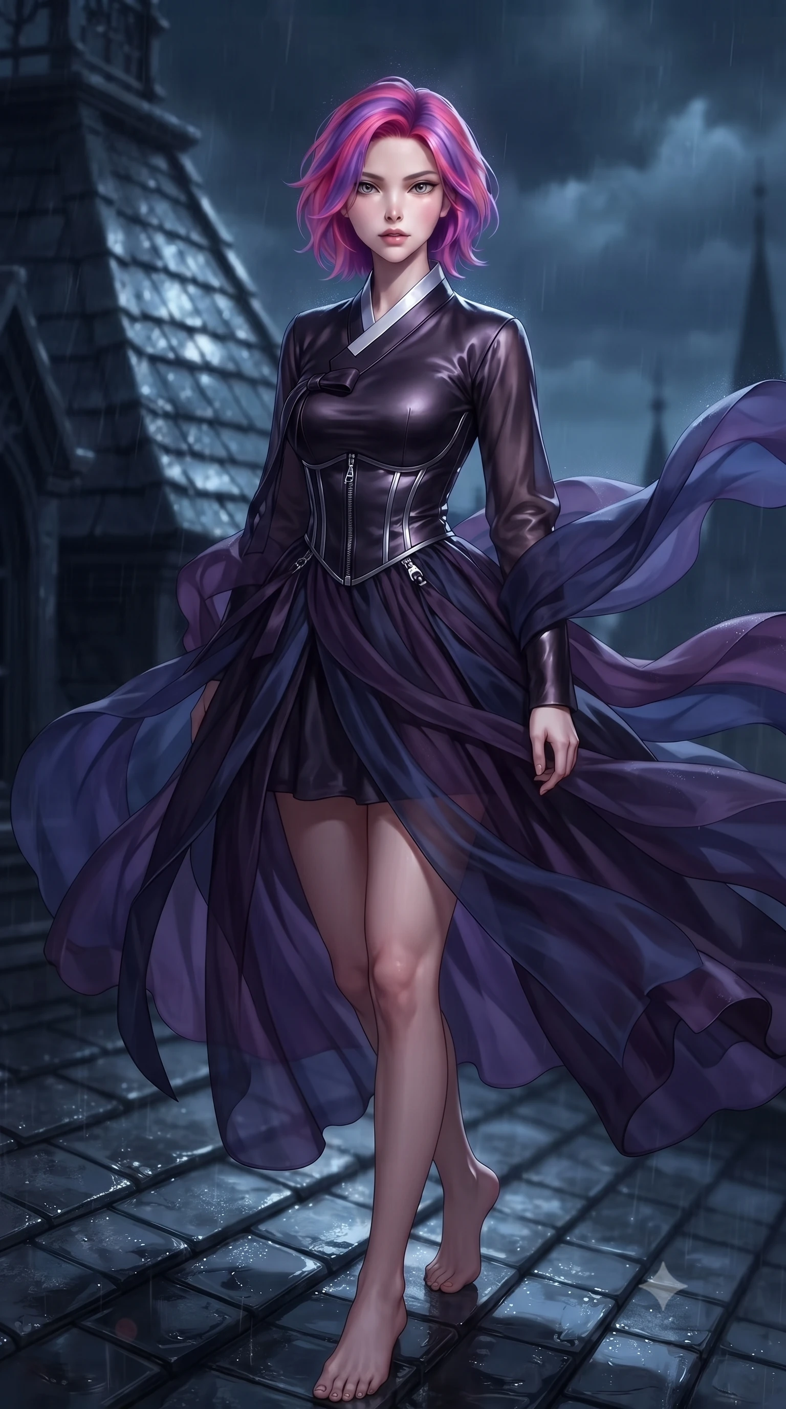 score_9, masterpiece, best quality, ultra-detailed, high-budget anime keyframe, editorial fashion photography, tasteful artistic composition, Caucasian woman. close-up cowboy shot from the waist and thighs up, the character dominates the composition, filling the frame with her large presence, background elements kept in soft focus. Tilting her chin up slightly with lips parted in a composed, mysterious expression, navigating a shadowy manor rooftop with dark slate tiles glistening from rain, cool night wind whipping her attire in dynamic statuesque motion. She has an exceptionally elegant, slender, and willowy female figure with an ultra-slim waist, a gracefully sculpted slender torso, and a refined silhouette. sharp v-shaped jawline, high-bridge nose, intricate jewel-like eyes with depth, thick eyelashes, glossy lips with a natural sheen. wearing modern fusion dark hanbok dress with structured obsidian bodice in dark plum violet, made of liquid dark mercury jersey, finished with metallic silver boning and sleek zipper points, sculpting her athletic slender build with refined precision. lit by intense nocturnal key ray slicing through stormy midnight fog. highly saturated vibrant anime colors, detailed shading with soft gradients, rich glossy textures, high-contrast stereoscopic depth, volumetric dynamic lighting, master piece, 9:16 ratio