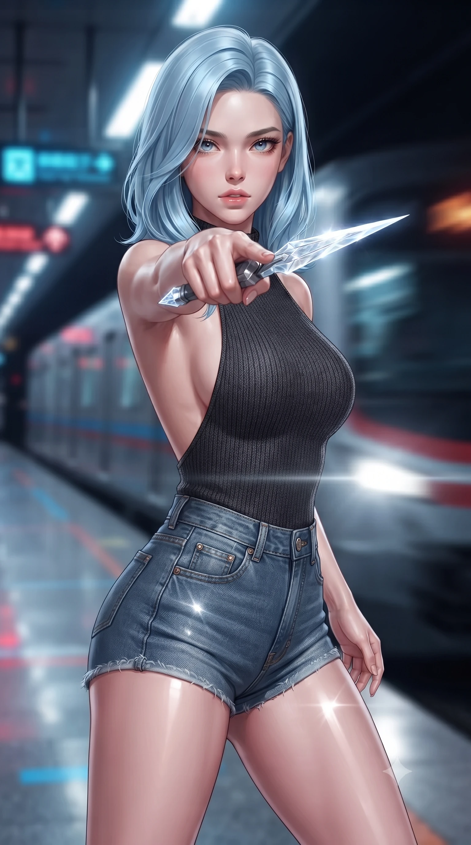score_9, masterpiece, best quality, ultra-detailed, high-budget anime keyframe, editorial fashion photography, tasteful artistic composition, Korean woman. close-up cowboy shot from the waist and thighs up, the character dominates the composition, filling the frame with her large presence, background elements kept in soft focus. pointing a crystal-edged laser dagger forward in a defensive stance, tilting her chin up slightly with lips parted in a composed pose, the background shows a soft-focus a subterranean transit station with neon lane markers and moving hyper-trains. She has an exceptionally elegant, slender, and willowy female figure with an ultra-slim waist, a gracefully sculpted slender torso, and a refined silhouette. sharp v-shaped jawline, high-bridge nose, intricate jewel-like eyes with depth, thick eyelashes, glossy lips with a natural sheen. wearing a body-hugging backless carbon-fiber knit top in charcoal wool, paired with high-waisted denim micro-shorts. intermittent bright white headlight beams flashing across her athletic form. ultra-reflective glossy finish, specular highlights, metallic sheen, high-contrast stereoscopic depth, volumetric dynamic lighting, 2k, ultra detail, master piece, 9:16 ratio