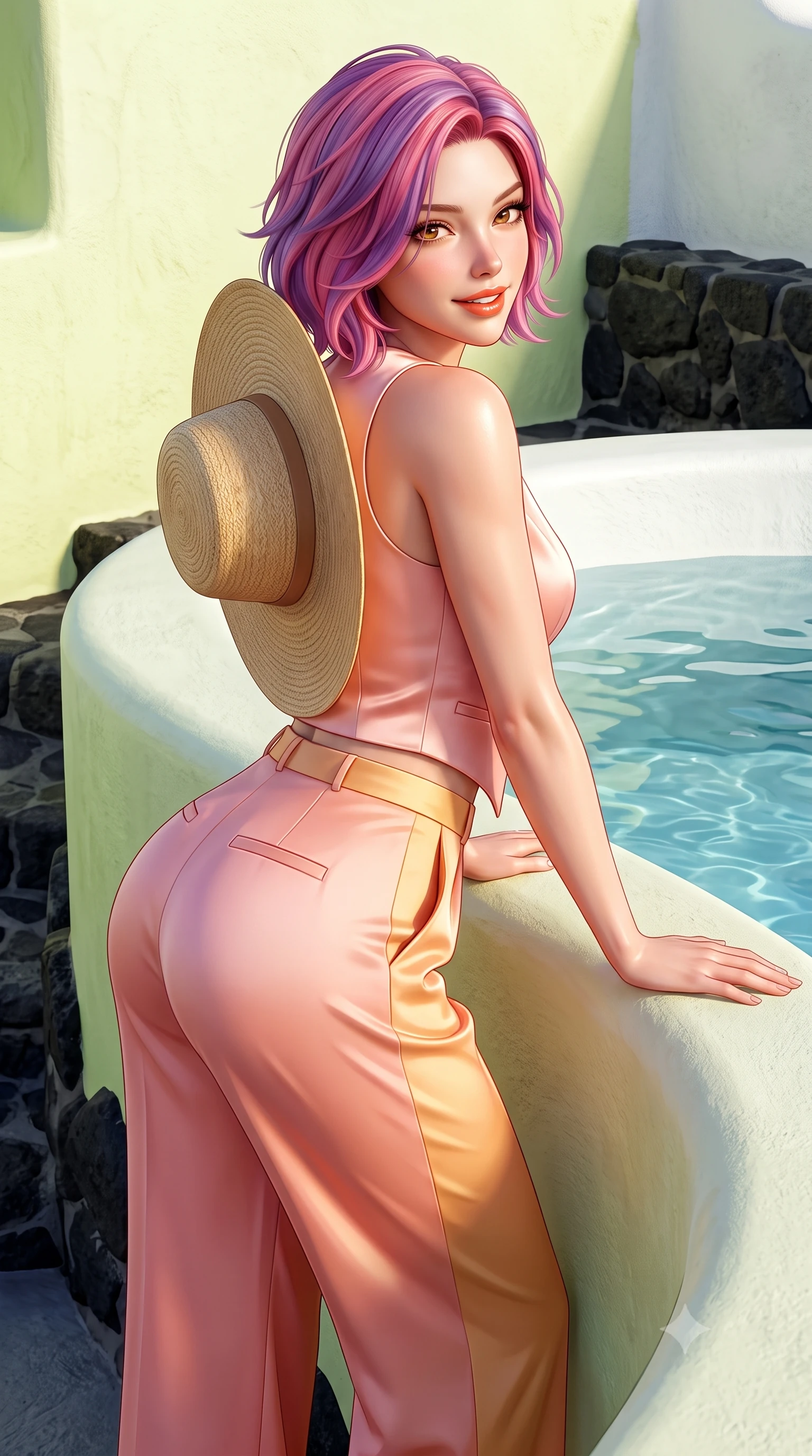 score_9, masterpiece, best quality, ultra-detailed, high-budget anime keyframe, semi-realistic 3D game render, editorial fashion photography, tasteful artistic composition, Caucasian woman. close-up cowboy shot from the waist and thighs up, the character dominates the composition, filling the frame with her large presence. leaning forward with playful sun-kissed grace while arching her lower back to accentuate her curvy hips, looking into the camera with a radiant teasing smile and alluring bedroom-eyes while leaning against the curved white volcanic parapet with hips cocked back, looking back over a bare shoulder with an intoxicating, sunlit smile. The surrounding environment is rendered in vivid detail and crisp panoramic clarity. sharp lime-washed plaster texture, volcanic black stone accents, and crystal-clear pool water ripples in deep focus. She has an exceptionally elegant, slender, and willowy female figure with an ultra-slim waist, flat toned midriff, narrow ribcage, and sculpted feminine hips creating an alluring, slim hourglass silhouette without bulk. sharp v-shaped jawline, high-bridge nose, sparkling amber-hazel eyes with depth, long lush eyelashes, glossy sun-kissed lips with a warm coral glaze, radiant teasing smile with sensual sunlit bedroom-eyes, exuding effortless old-money elegance and intoxicating sun-drenched allure, flawlessly proportioned anatomical accuracy, strict slender model proportions, natural body alignment, perfectly sculpted long slender limbs, ultra-slim waistline, clean dynamic posture without body distortion. wearing a tailored satin resort vest worn closed against bare skin with high-waisted silk palazzo pants cinched at her narrow waist in soft peach blossom pink and warm apricot gold, tailored from crisp cotton poplin with clean structural architectural lines, complemented by a wide-brim straw sunhat held casually behind her back, the form-contouring cut accentuating her sculpted flat midriff, narrow delicate ribcage, and gracefully curvy hips with sun-drenched supermodel elegance. illuminated by white plaster wall bounce fill and sharp sunset rim lights accentuating her sculpted midriff, narrow waist, and curvy hips. highly saturated vibrant anime colors, detailed shading with soft gradients, rich glossy textures, high-contrast stereoscopic depth, volumetric dynamic lighting, master piece, 9:16 ratio