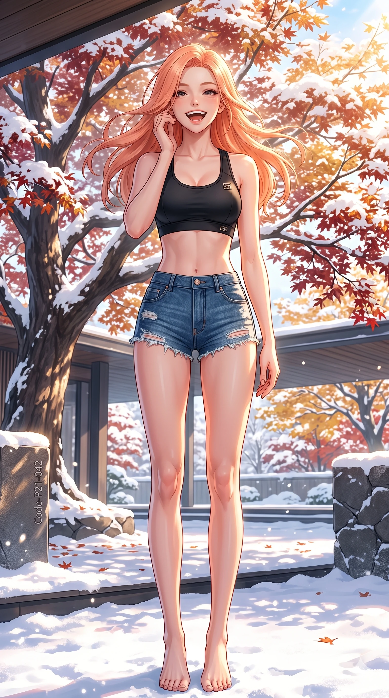 score_9, masterpiece, best quality, ultra-detailed, high-budget anime keyframe, vibrant anime aesthetic, Japanese woman. low angle full-body shot from head to toe showing her feet, filling the entire 9:16 vertical frame with her statuesque presence, stretching her vertical silhouette. She is posing with a cheerful laugh, looking directly into the lens with warm eyes inside a luxury boutique resort patio with autumn maple trees (Code-P21-042). She has an absolutely perfect 8-heads proportion, an exceptionally tall and slender female figure with impossibly long slender legs and an ultra-slim waist. V-shaped jawline, high-bridge nose, intricate jewel-like eyes with depth, thick eyelashes, glossy lips with a natural sheen. wearing a sleek sports bra paired with high-waist denim micro-shorts in the snow. She is drenched in bright, golden winter sunshine reflecting off the white snow. 2k, ultra detail, master piece, 9:16 ratio