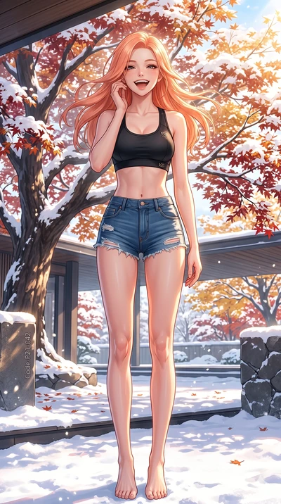 score_9, masterpiece, best quality, ultra-detailed, high-budget anime keyframe, vibrant anime aesthetic, Japanese woman. low angle full-body shot from head to toe showing her feet, filling the entire 9:16 vertical frame with her statuesque presence, 