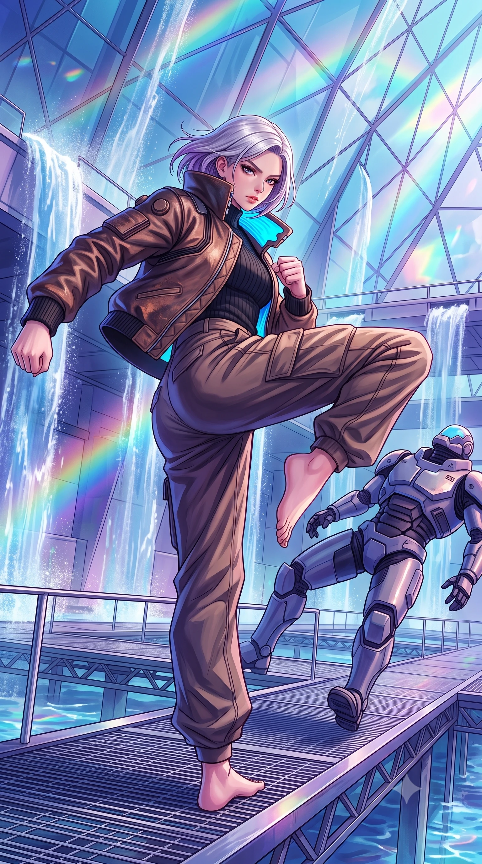 score_9, masterpiece, best quality, ultra-detailed, high-budget anime keyframe, editorial fashion photography, tasteful artistic composition, Caucasian woman, strictly human ears. low angle full-body shot from head to toe showing her feet, filling the entire 9:16 vertical frame with her statuesque presence, stretching her vertical silhouette. executing a lightning-fast low sweep kick to knock down a security android on a metal catwalk within a public plaza built on a series of terraces, with artificial water streams flowing down glass walls. She has a statuesque 8.5-heads proportion, an exceptionally tall, slender and willowy model-like build with impossibly long legs and a highly sculpted ultra-slim waist. sharp v-shaped jawline, high-bridge nose, intricate jewel-like eyes with depth, thick eyelashes, glossy lips with a natural sheen. wearing the lightweight fabric rippling and billowing dramatically with her movement, a tailored high-collar space-pilot bomber jacket in distressed brown leather with neon blue collar lining, over a black ribbed sweater and cargo pants. highly saturated vibrant anime colors, intense vivid color palette, soft 3D volumetric shading, volumetric dynamic lighting, rainbow light refracting through water mist and geometric glass panels. 2k, ultra detail, master piece, 9:16 ratio