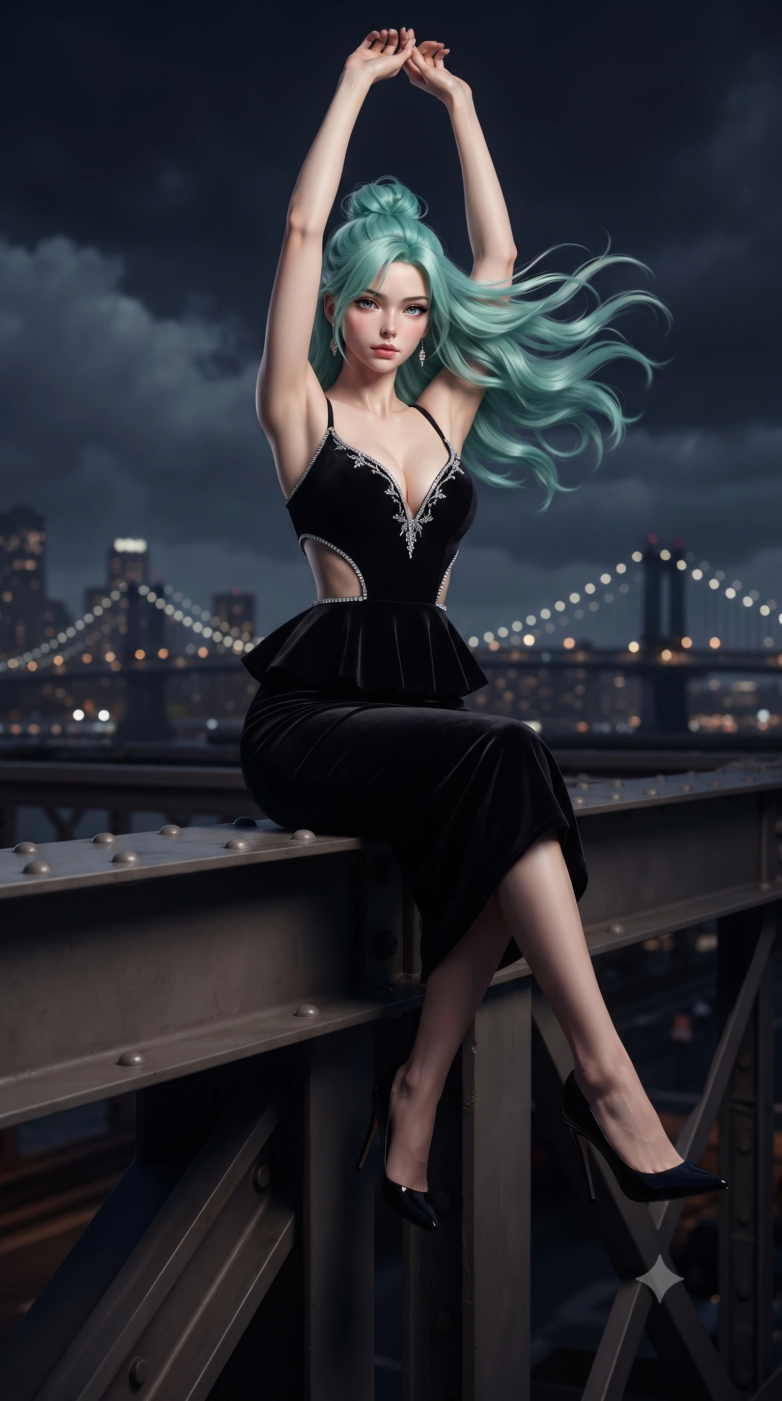 score_9, masterpiece, best quality, ultra-detailed, high-budget anime keyframe, editorial fashion photography, tasteful artistic composition, Japanese woman. low angle full-body shot from head to toe showing her feet, filling the entire 9:16 vertical frame with her statuesque presence, stretching her vertical silhouette. sitting perched on the elevated edge with hips angled toward the camera and legs crossed, displaying her toned midriff and flawlessly sculpted slender limbs while stretching her slender arms overhead as midnight wind whips her hair back, her perfectly proportioned tall 8.5-heads silhouette commanding the vertical frame. The composition keeps background elements in soft focus with creamy bokeh. passing low storm clouds and distant suspension bridge lights softened in dramatic atmospheric depth. She has an exceptionally tall and slender model-like 8.5-heads proportion, an ultra-slim waist, a flat toned midriff, narrow delicate ribcage, and beautifully sculpted feminine hips creating a graceful, slim hourglass silhouette without any bulky heaviness, with impossibly long slender legs. sharp v-shaped jawline, high-bridge nose, intricate jewel-like eyes with depth, thick eyelashes, glossy parted lips with a natural sheen, intensely captivating and seductive bedroom-eyes expression, flawlessly proportioned anatomical accuracy, strict slender model proportions, natural body alignment, perfectly sculpted long slender limbs, ultra-slim waistline, clean dynamic posture without body distortion. wearing a modern peplum corset dress with side-waist diamond cutouts and an ultra-tight silhouette in pitch-black velvet with diamond crystal trim, crafted from second-skin supple lambskin leather with liquid drape, finished with delicate crystal frost embroidery tracing the plunging neckline, the glove-like aerodynamic silhouette tightly following the natural contour of her hips and long slender legs with statuesque 8.5-heads elegance. illuminated by crisp directional wind-edge highlights sculpting her bare collarbones, slender waist, and curvy hips. ultra-reflective glossy finish, specular highlights, rich textural contrasts, high-contrast stereoscopic depth, volumetric dynamic lighting, 2k, ultra detail, master piece, 9:16 ratio