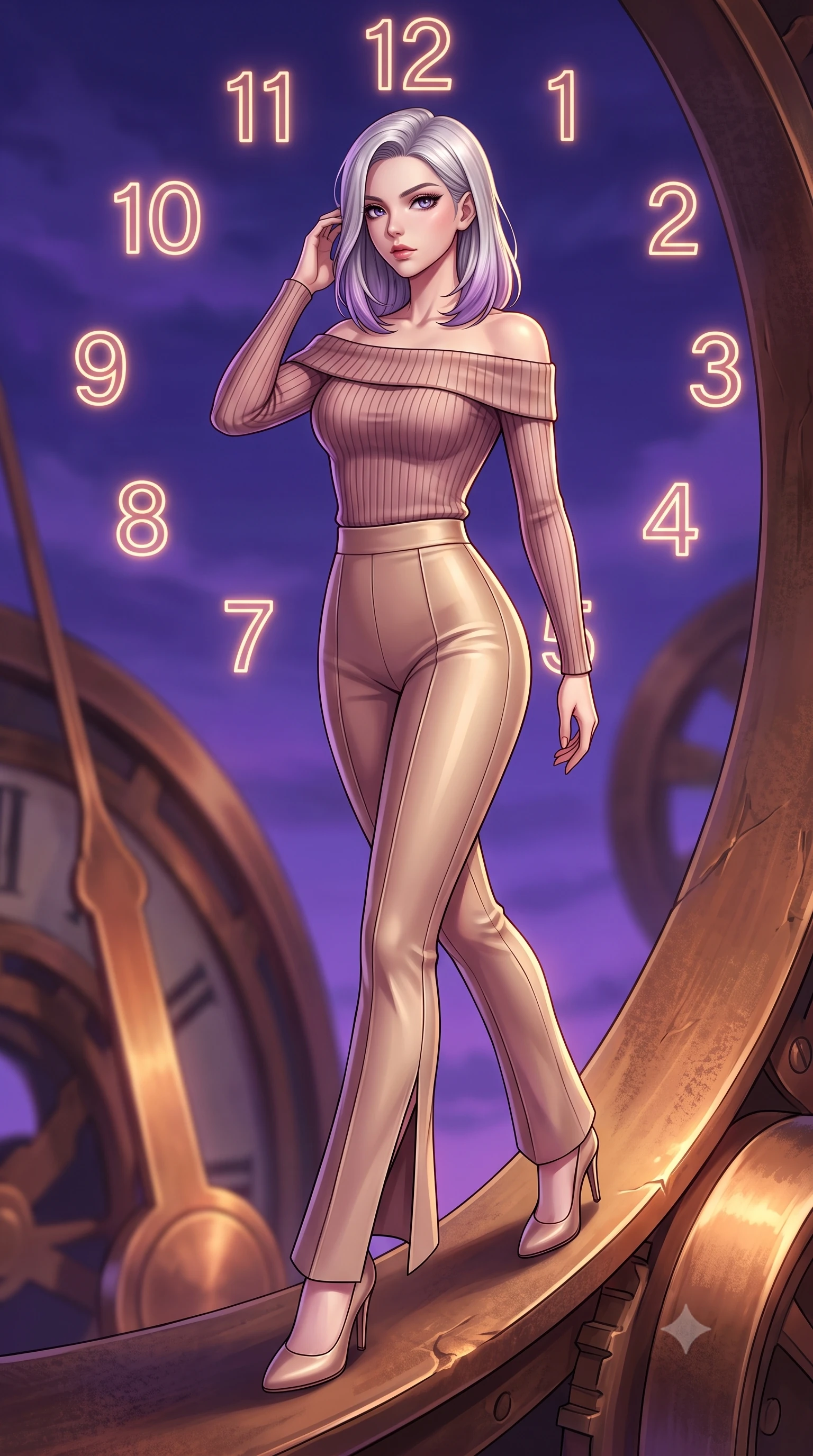 score_9, masterpiece, best quality, ultra-detailed, high-budget anime keyframe, editorial fashion photography, tasteful artistic composition, Caucasian woman. close-up cowboy shot from the waist and thighs up, the character dominates the composition, filling the frame with her large presence, background elements kept in soft focus. Resting her fingers gracefully near her temple, casting a sharp mysterious side-gaze during her stride while stepping along a curved clockwork pendulum arm under a dramatic twilight sky, glowing neon clock numbers floating in mid-air with vintage elegancy. She has an exceptionally elegant, slender, and willowy female figure with an ultra-slim waist, a gracefully sculpted slender torso, and a refined silhouette. sharp v-shaped jawline, high-bridge nose, intricate jewel-like eyes with depth, thick eyelashes, glossy lips with a natural sheen, flawlessly proportioned anatomical accuracy, natural body alignment, perfectly sculpted elegant limbs, clean dynamic posture without body distortion. wearing a sleek off-shoulder ribbed knit top paired with high-waist tailored pants in dusty rose and champagne gold, formed from sleek second-skin neoprene, finished with a sleek side slit ascending to mid-thigh, the tailored fabric tightly following every curve of her athletic build. surrounded by a contrast of deep violet sky and radiant bronze mechanical light. highly saturated vibrant anime colors, detailed shading with soft gradients, rich glossy textures, high-contrast stereoscopic depth, volumetric dynamic lighting, master piece, 9:16 ratio