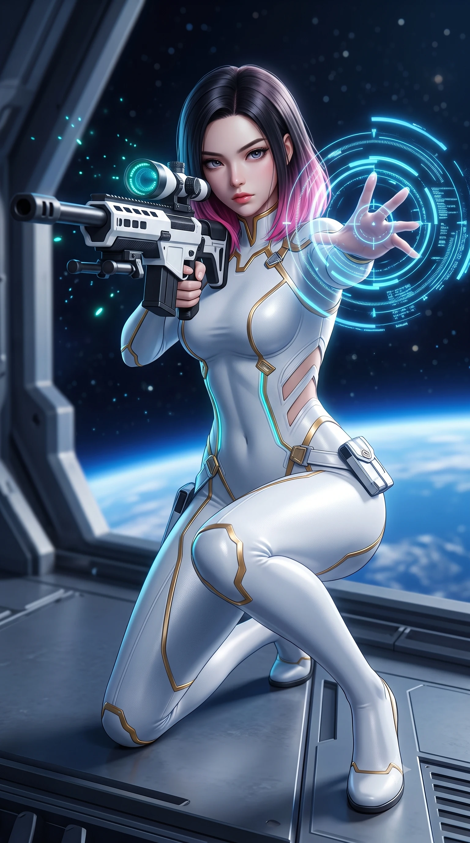 score_9, masterpiece, best quality, ultra-detailed, high-budget anime keyframe, semi-realistic 3D game render, editorial fashion photography, tasteful artistic composition, Korean woman. close-up cowboy shot from the waist and thighs up, the character dominates the composition, filling the frame with her large presence. extending one arm gracefully as glowing holographic targeting reticles and data streams orbit her fingertips with sovereign power while kneeling gracefully on one knee along the hangar edge with railgun primed as Earth's blue curvature shines below. The composition keeps background elements in soft focus with creamy bokeh. distant starlight and railgun charging LED coils scattering soft glowing light motes across a deep space backdrop. She has an exceptionally elegant, slender, and willowy female figure with an ultra-slim waist, a gracefully sculpted slender torso, toned flat midriff, and a refined slim silhouette. sharp v-shaped jawline, high-bridge nose, intricate jewel-like eyes with depth, thick eyelashes, glossy lips with a natural sheen, flawlessly proportioned anatomical accuracy, strict slender model proportions, natural body alignment, perfectly sculpted long slender limbs, ultra-slim waistline, clean dynamic posture without body distortion. wearing a form-contouring arctic white carbon-composite battle-suit with solar gold trim and diagonal midriff vents, aiming a precision carbon-fiber railgun sniper rifle with divine focus in monochrome white enamel carbon with high-contrast black panels, tailored from flexible second-skin carbon-mesh that clings flawlessly to her athletic curves, detailed with magnetic weapon holsters and polished chrome connection clasps, the precision-cut daring openings accentuating her delicate midriff, graceful bare collarbones, and ultra-slim feminine waistline. illuminated by glowing cyan rifle charging lights and sharp specular highlights tracing her slender curves. rich saturated anime colors with glowing neon highlights, detailed shading with soft gradients, rich glossy textures, high-contrast stereoscopic depth, volumetric dynamic lighting, master piece, 9:16 ratio