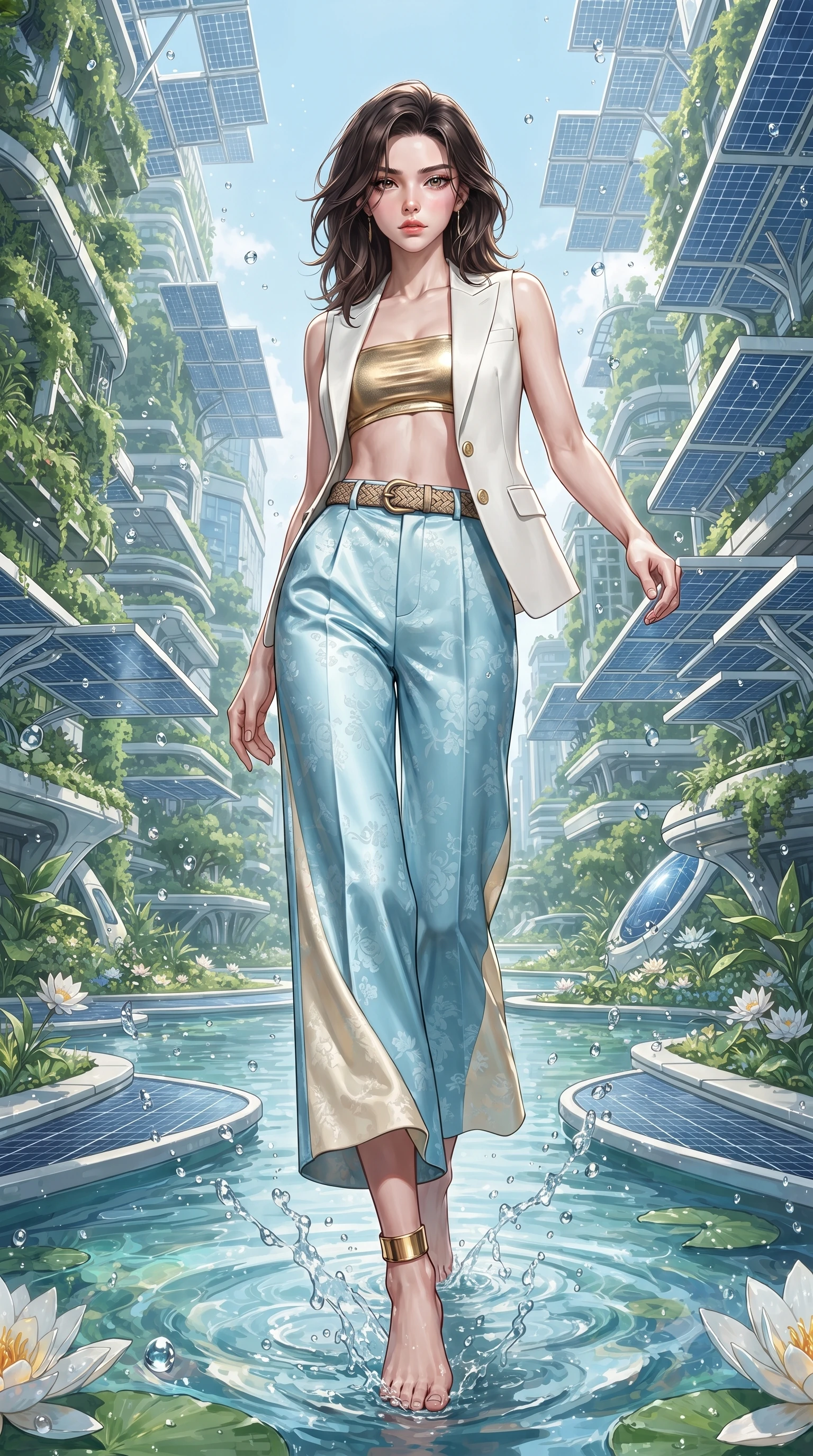 score_9, masterpiece, best quality, ultra-detailed, high-budget anime keyframe, editorial fashion photography, tasteful artistic composition, Korean woman. low angle full-body shot from head to toe showing her feet, filling the entire 9:16 vertical frame with her statuesque presence, stretching her vertical silhouette. pivoting dynamically with supreme athletic balance, her impossibly long slender legs and ultra-slim waist creating a mesmerizing vertical line while wading lightly into the shallow lotus pool, water splashing around her slender ankles in glittering droplets. The surrounding environment is rendered in vivid detail and crisp panoramic clarity. detailed sky-high metropolis greenery, architectural solar panels, and water droplets in high clarity. She has an absolutely perfect, statuesque 8.5-heads proportion, an exceptionally tall and slender model-like female figure with impossibly long slender legs, a toned flat midriff, and an ultra-slim waist. sharp v-shaped jawline, high-bridge nose, intricate jewel-like eyes with depth, thick eyelashes, glossy parted lips with a natural sheen, intensely captivating and seductive expression, flawlessly proportioned anatomical accuracy, strict slender model proportions, natural body alignment, perfectly sculpted long slender limbs, ultra-slim waistline, clean dynamic posture without body distortion. wearing a tailored white solar-fiber tuxedo vest worn open over a metallic gold bandeau top and wide slacks in sky azure and soft sunlight cream, tailored from smooth liquid silk satin with subtle floral jacquard, accessorized with a woven botanical belt and minimalist gold ankle cuff, the form-contouring material adhering flawlessly to her sculpted flat midriff and slender torso, emphasizing her long leg lines and perfectly proportioned willowy build. surrounded by a fresh, captivating, and delightfully invigorating summer muse aura. ultra-reflective glossy finish, specular highlights, rich textural contrasts, high-contrast stereoscopic depth, volumetric dynamic lighting, 2k, ultra detail, master piece, 9:16 ratio