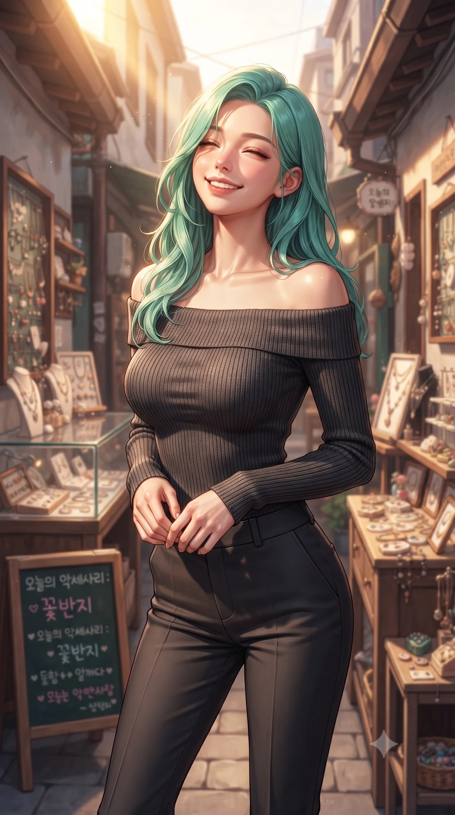 score_9, masterpiece, best quality, ultra-detailed, high-budget anime keyframe, editorial fashion photography, tasteful artistic composition, Japanese woman. close-up cowboy shot from the waist and thighs up, the character dominates the composition, filling the frame with her large presence, background elements kept in soft focus. smiling happily with closed eyes, enjoying the warm sunbeams on her face set against a soft-focus background of in front of a small handmade accessory boutique with glass showcases with a small chalkboard sign showing daily specials written in cute lettering. She has an exceptionally elegant, slender, and willowy female figure with an ultra-slim waist, a gracefully sculpted slender torso, and a refined silhouette. sharp v-shaped jawline, high-bridge nose, intricate jewel-like eyes with depth, thick eyelashes, glossy lips with a natural sheen. wearing slim-fit body-hugging off-shoulder knit top in charcoal, paired with tailored slim pants. warm afternoon sunlight filtering down between the narrow alley buildings. highly saturated vibrant anime colors, detailed shading with soft gradients, rich glossy textures, high-contrast stereoscopic depth, volumetric dynamic lighting, master piece, 9:16 ratio