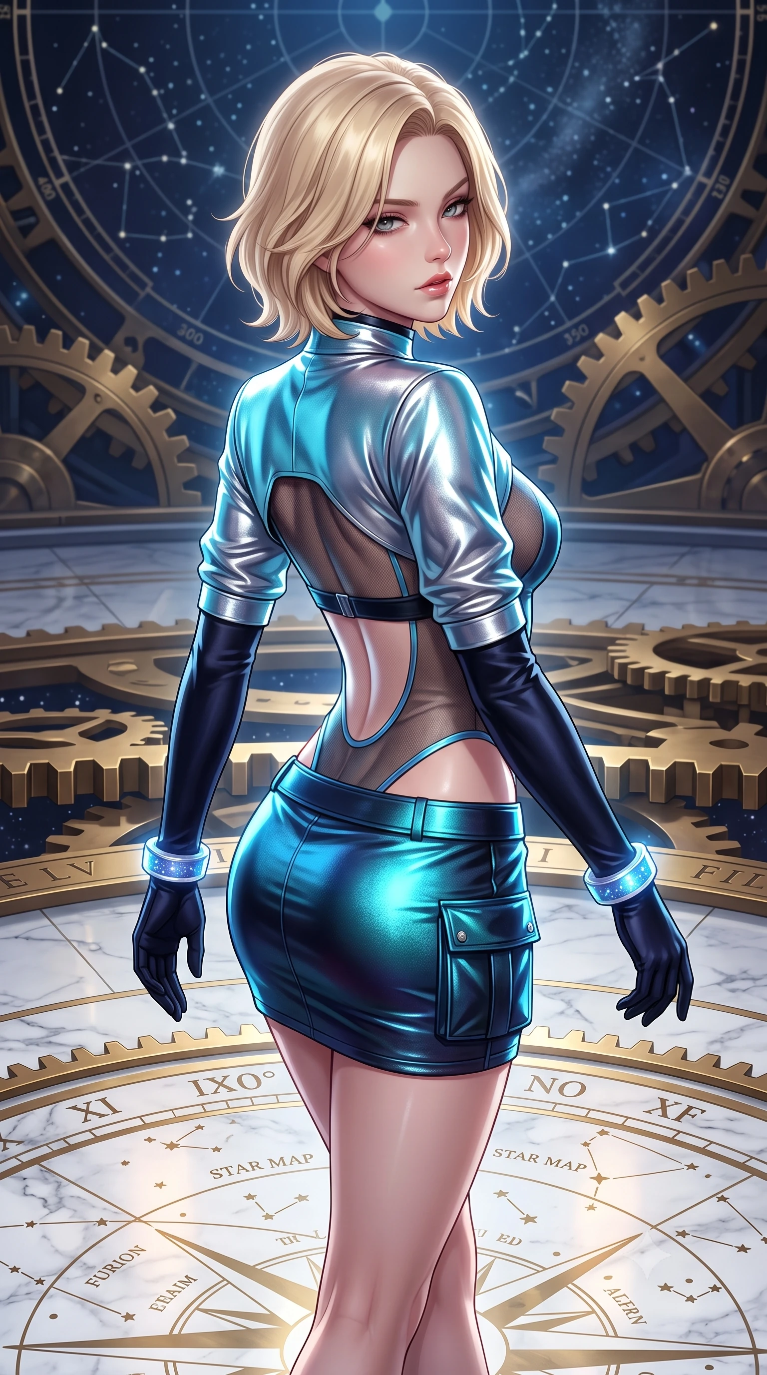 score_9, masterpiece, best quality, ultra-detailed, high-budget anime keyframe, semi-realistic 3D game render, editorial fashion photography, tasteful artistic composition, Caucasian woman. close-up cowboy shot from the waist and thighs up, the character dominates the composition, filling the frame with her large presence. twisting her slender torso in a deep contrapposto stance, hips dramatically shifted to accentuate her feminine curves while looking past her shoulder with smoldering bedroom-eyes while striding across the illuminated marble star-chart floor, hips swaying with sovereign cosmic empress charisma. The surrounding environment is rendered in vivid detail and crisp panoramic clarity. sharp brass gear teeth, engraved celestial coordinate rings, and star map typography in deep focus. She has an exceptionally elegant, slender, and willowy female figure with an ultra-slim waist, a gracefully sculpted slender torso, toned flat midriff, and rounded feminine hips creating an alluring hourglass silhouette. sharp v-shaped jawline, high-bridge nose, intricate jewel-like eyes with depth, thick eyelashes, glossy parted lips with a natural sheen, intensely captivating and seductive bedroom-eyes expression, flawlessly proportioned anatomical accuracy, strict slender model proportions, natural body alignment, perfectly sculpted long slender limbs, ultra-slim waistline, clean dynamic posture without body distortion. wearing a futuristic sheer mesh bodysuit layered under a metallic silver shrug bolero and micro cargo skirt in electric cyan and deep interstellar black, crafted from luxurious metallic lamé that shifts radiance like distant stars, complemented by opera-length midnight satin gloves and glowing stardust cuffs, the precision-cut side openings and low-back scoop framing her graceful spine and the sensual sweep of her hips. illuminated by starlight edge lights carving her slender waist, bare collarbones, and feminine hip line. highly saturated vibrant anime colors, detailed shading with soft gradients, rich glossy textures, high-contrast stereoscopic depth, volumetric dynamic lighting, master piece, 9:16 ratio